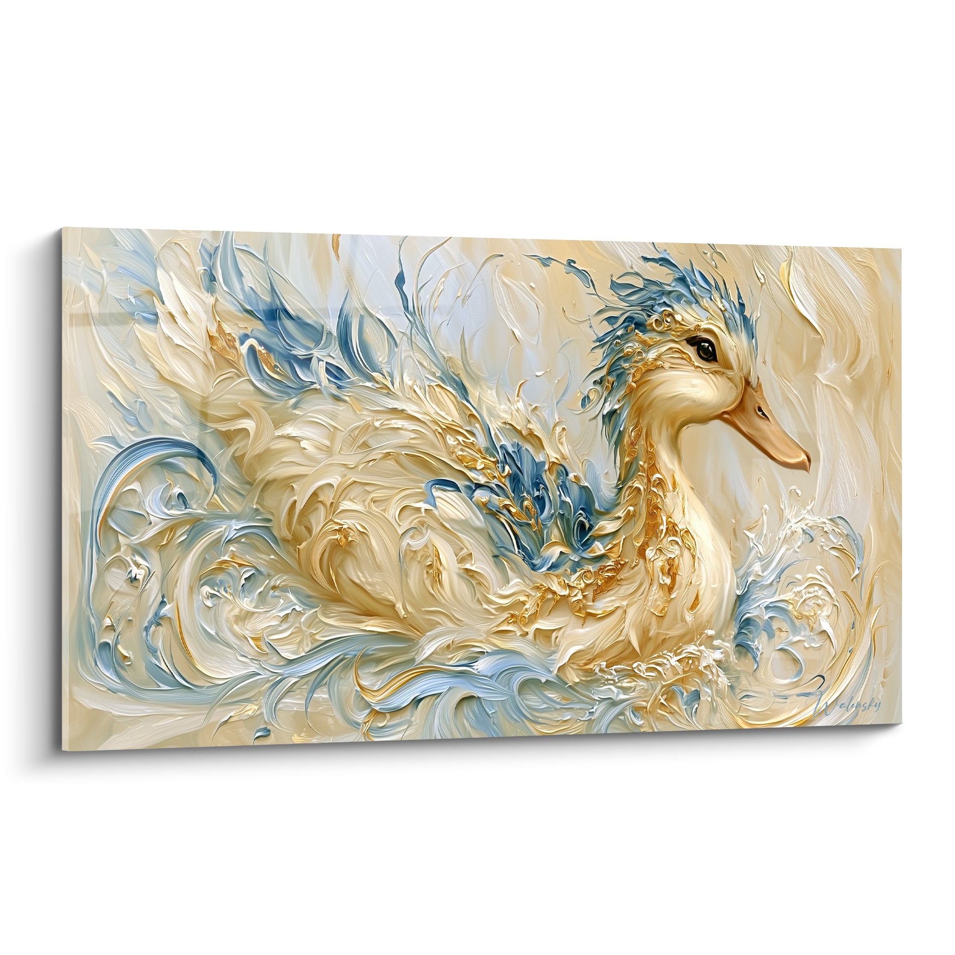 Canard doré aux plumes texturées, silhouette dorée et bleu pastel sur fond crème abstrait