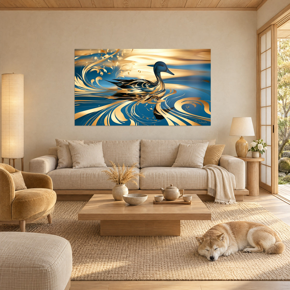 Gemälde Stockente gleitet über tiefblaues Wasser mit goldenen Wirbeln, schlafender Shiba über einem Sofa in einem hellen Wohnzimmer