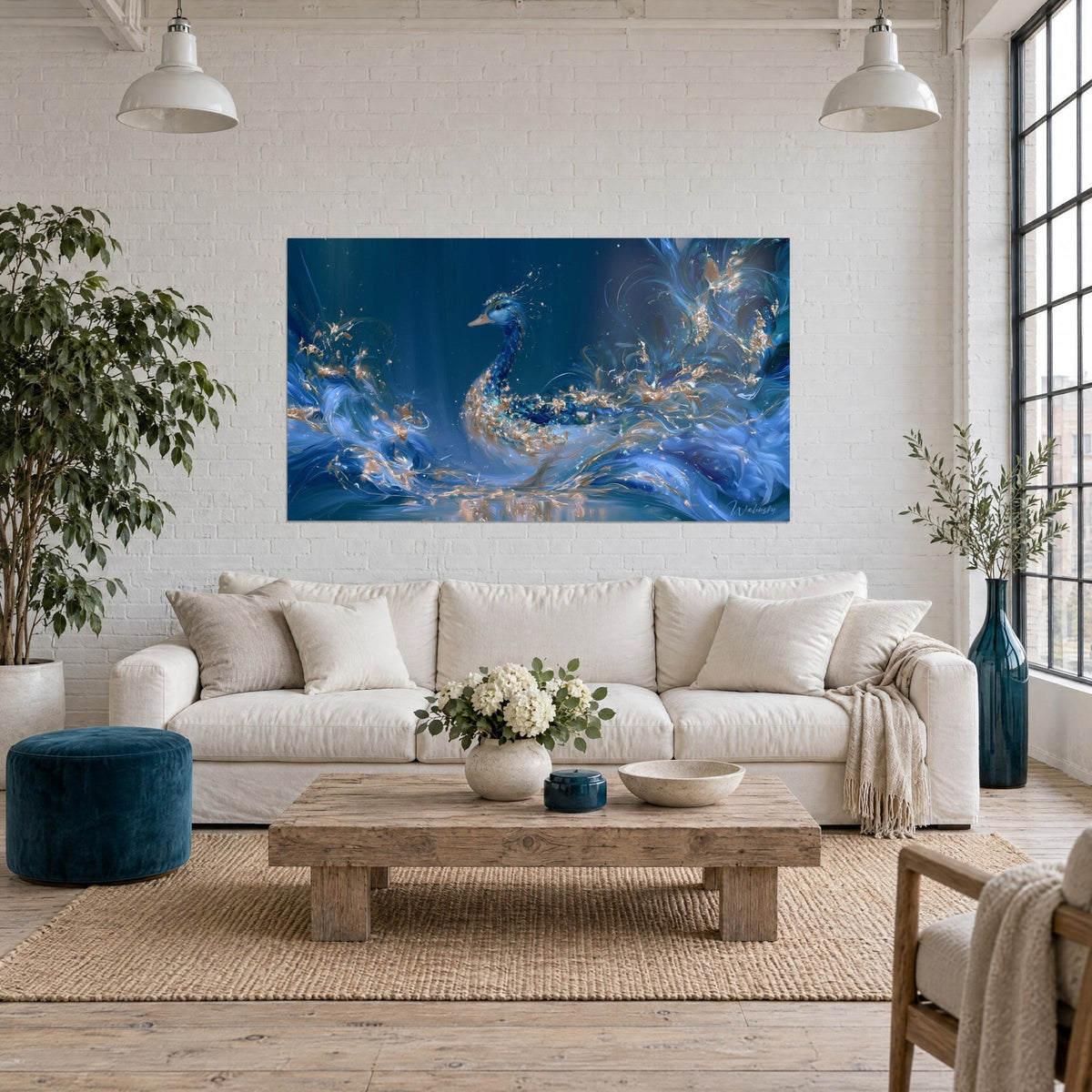 Tableau canard bleu nuit aux plumes d'or ondulant sur des vagues azur, au-dessus d'un canapé dans un salon lumineux