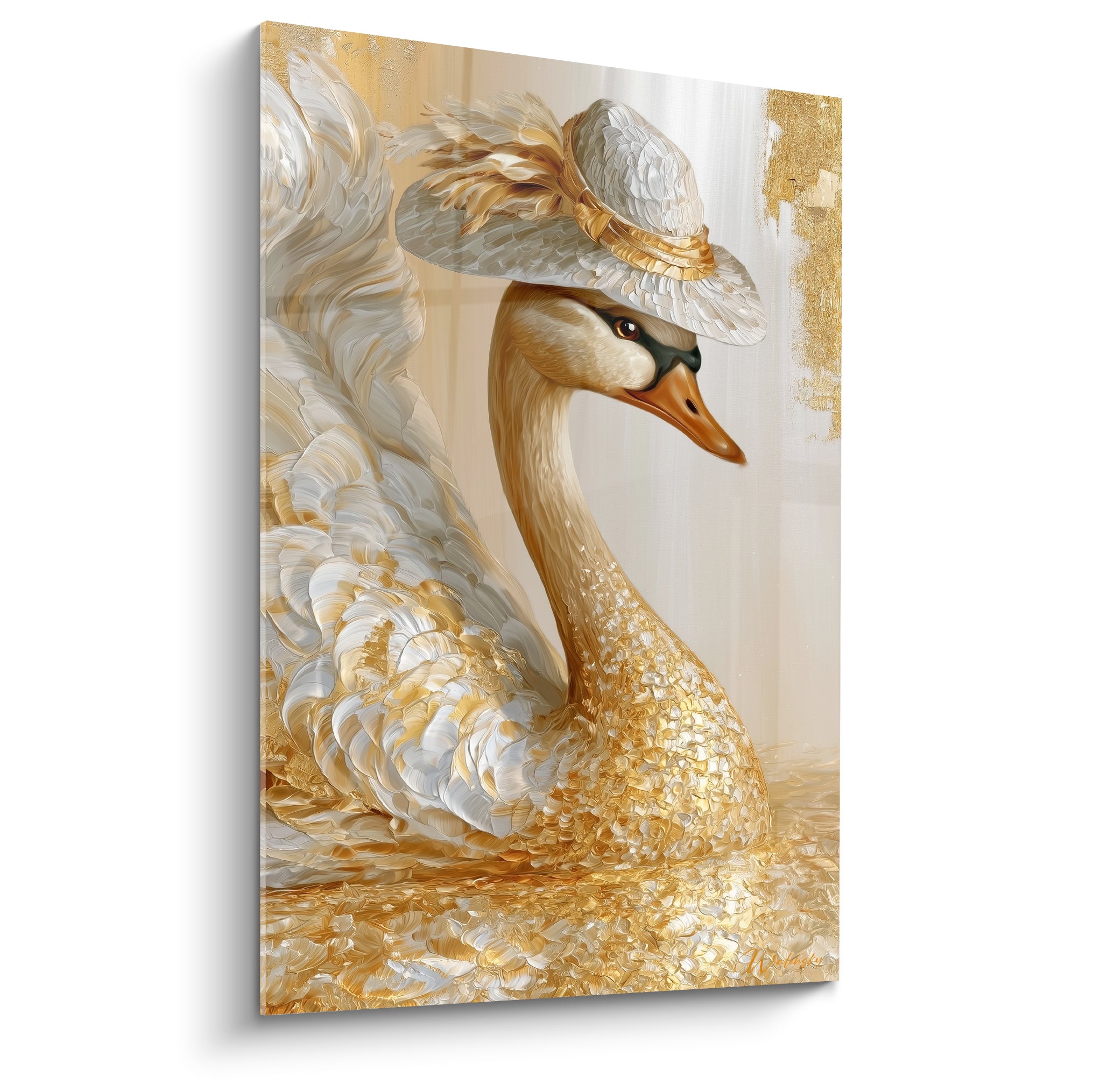 Cygne doré coiffé d'un chapeau de paille, plumage blanc et or, empâtements texturés