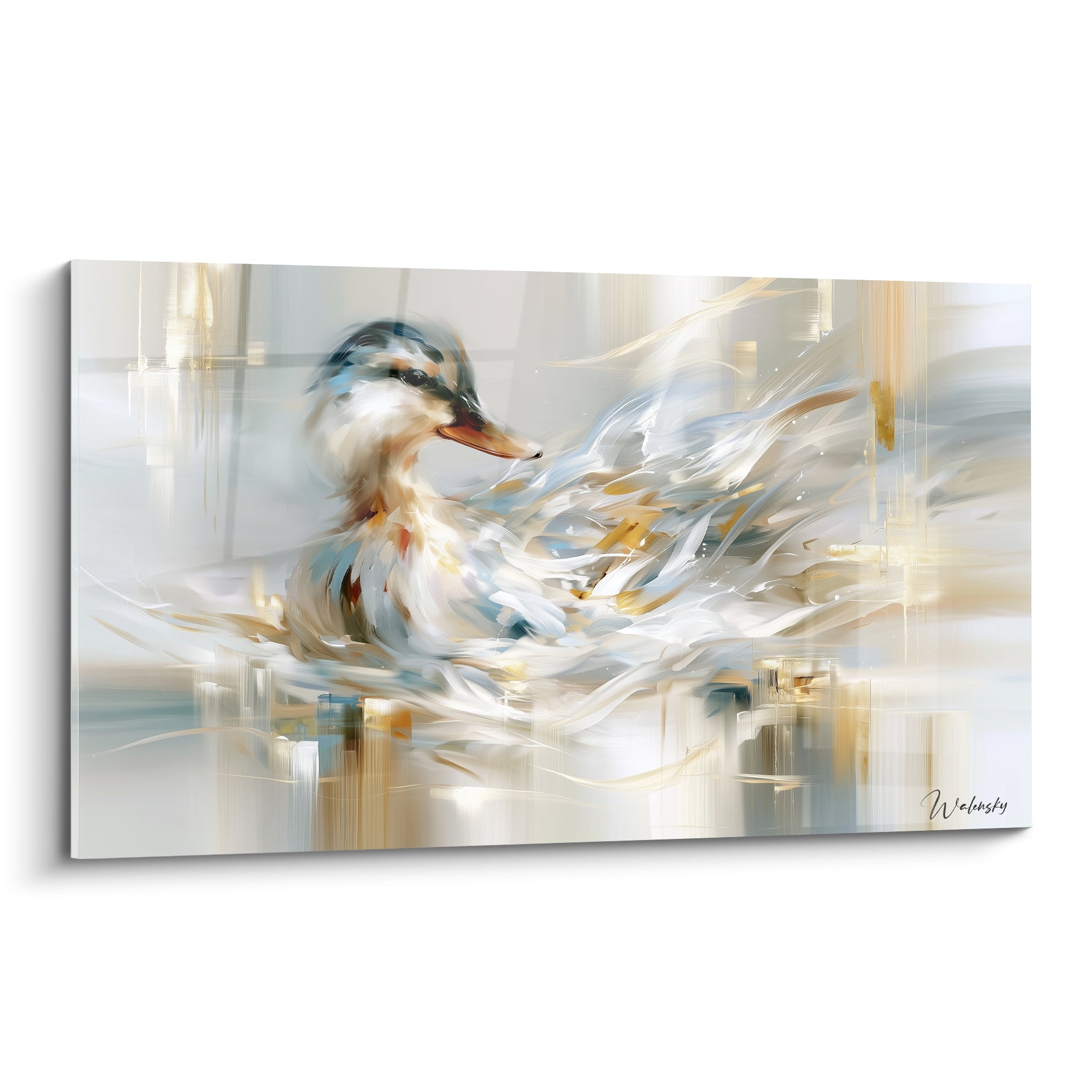 Canard doré et ivoire flottant dans des traînées de peinture aux reflets bleu pastel