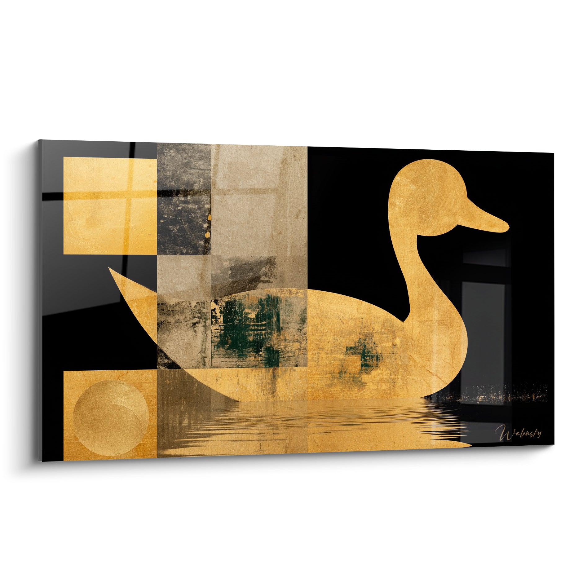 Canard doré et noir en composition graphique aux carrés vert sauge et ocre texturés