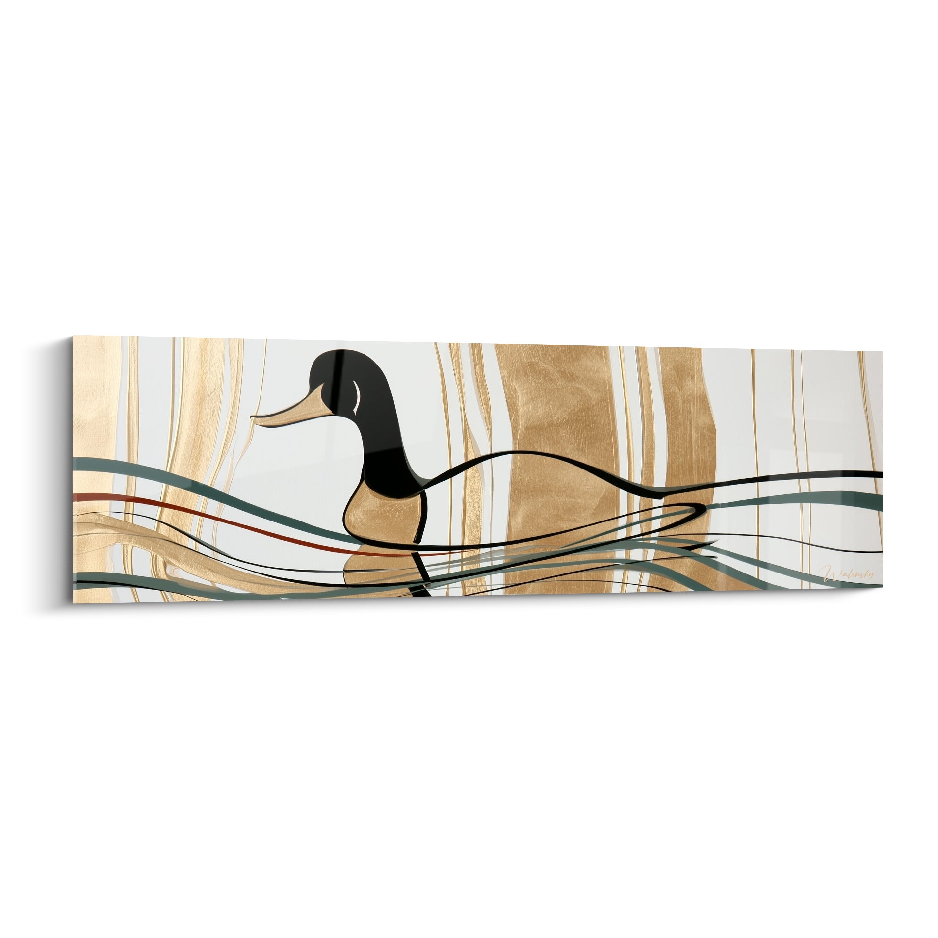 Canard noir et doré glissant sur des vagues stylisées, style graphique épuré et lumineux