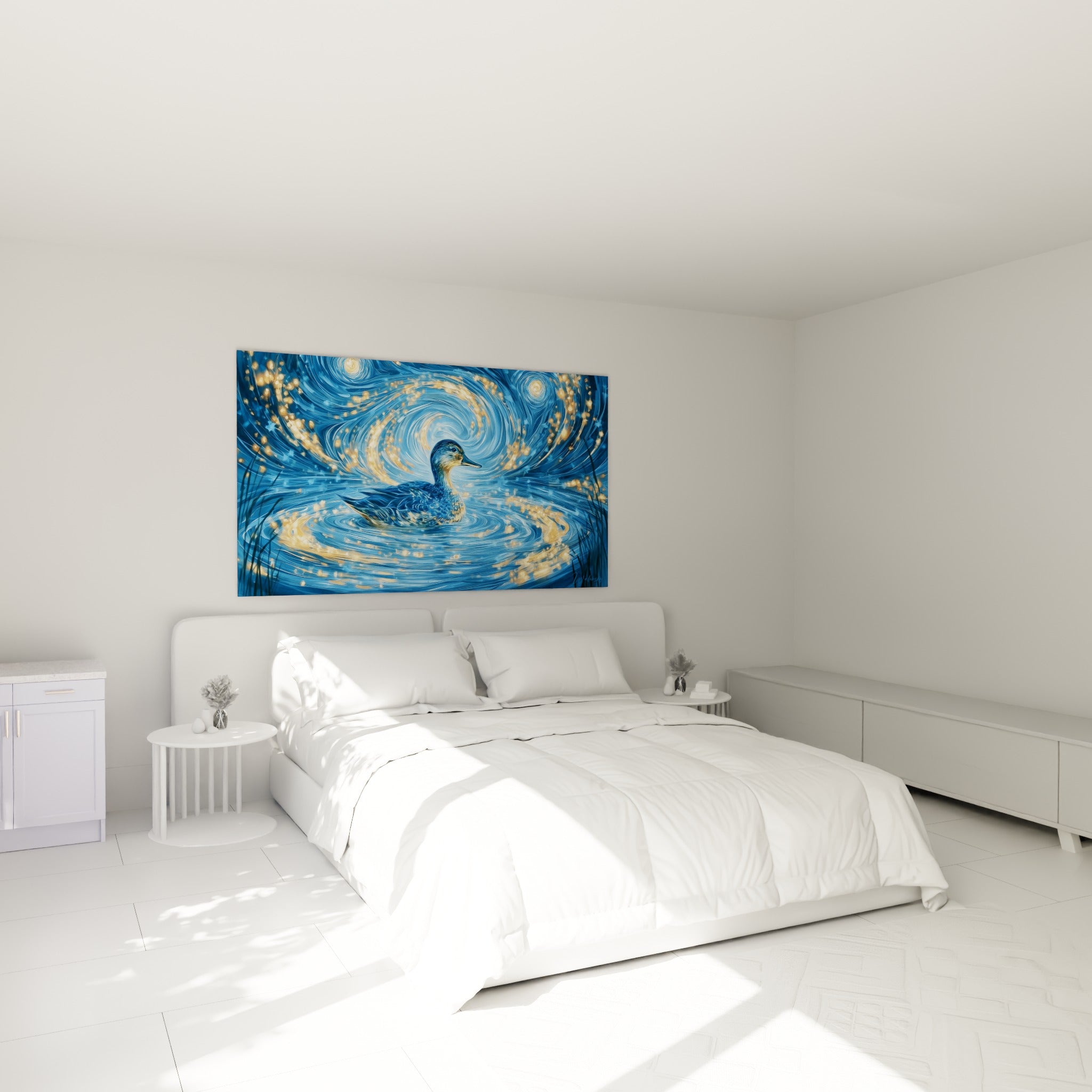 Canard doré et bleu nuit nageant sous des volutes lumineuses, au-dessus d'un lit dans une chambre claire