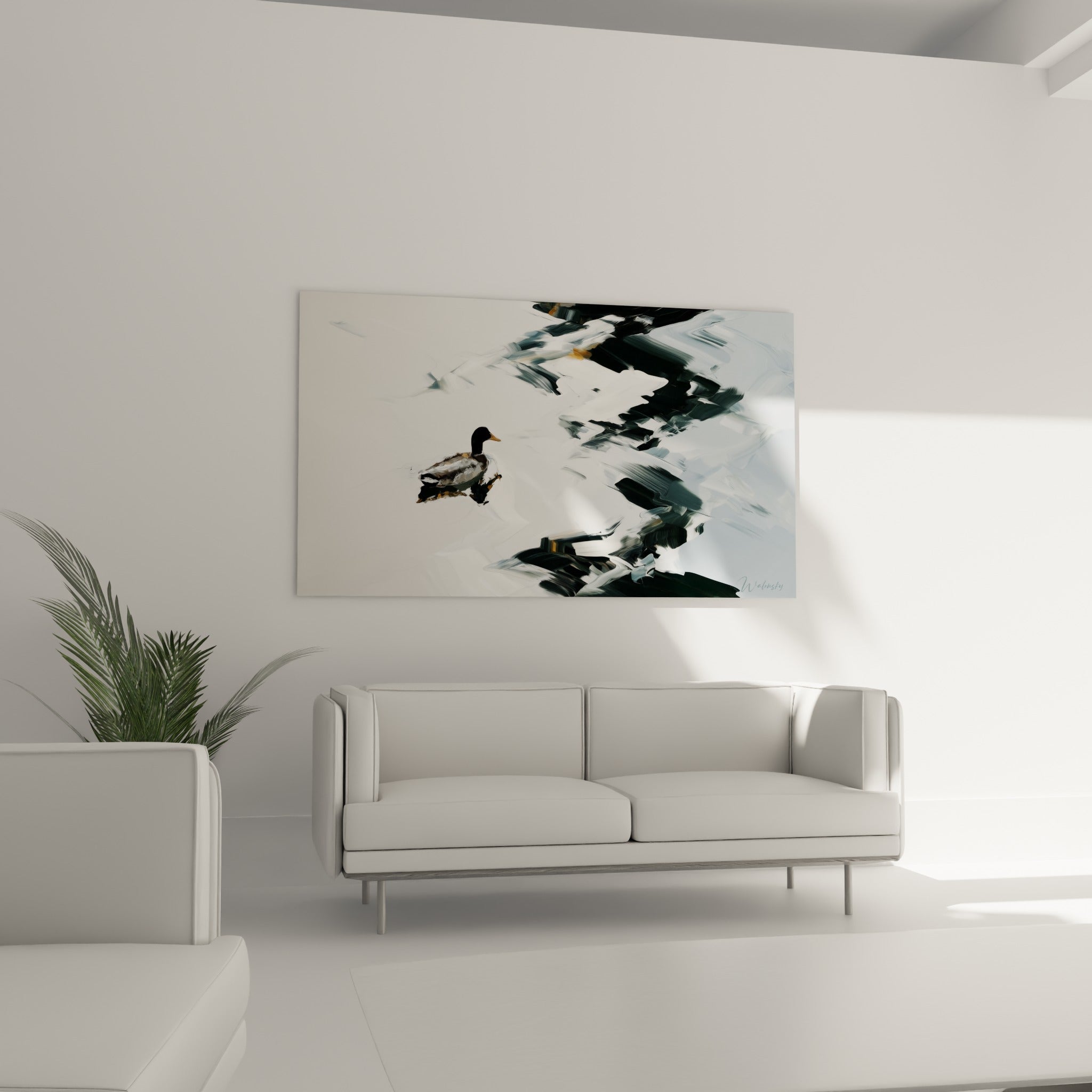 Oiseau brun et doré glissant sur fond immaculé, suspendu au-dessus d'un canapé dans un salon lumineux
