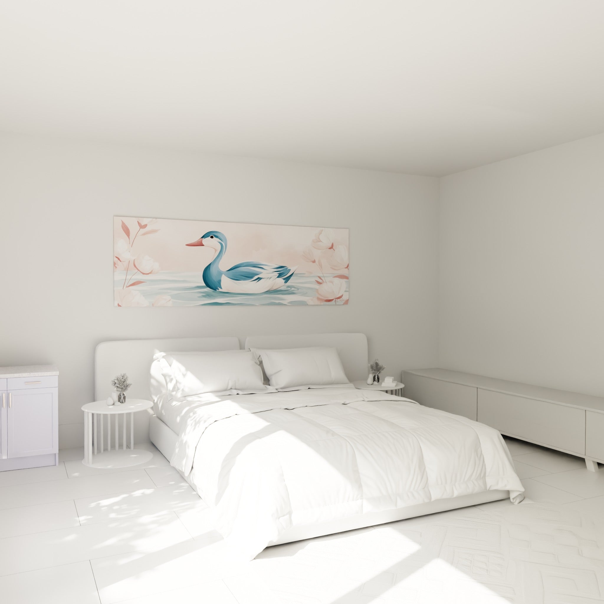 Silhouette du canard bleu et blanc glissant sur l'eau rosée, au-dessus d'un lit dans une chambre claire