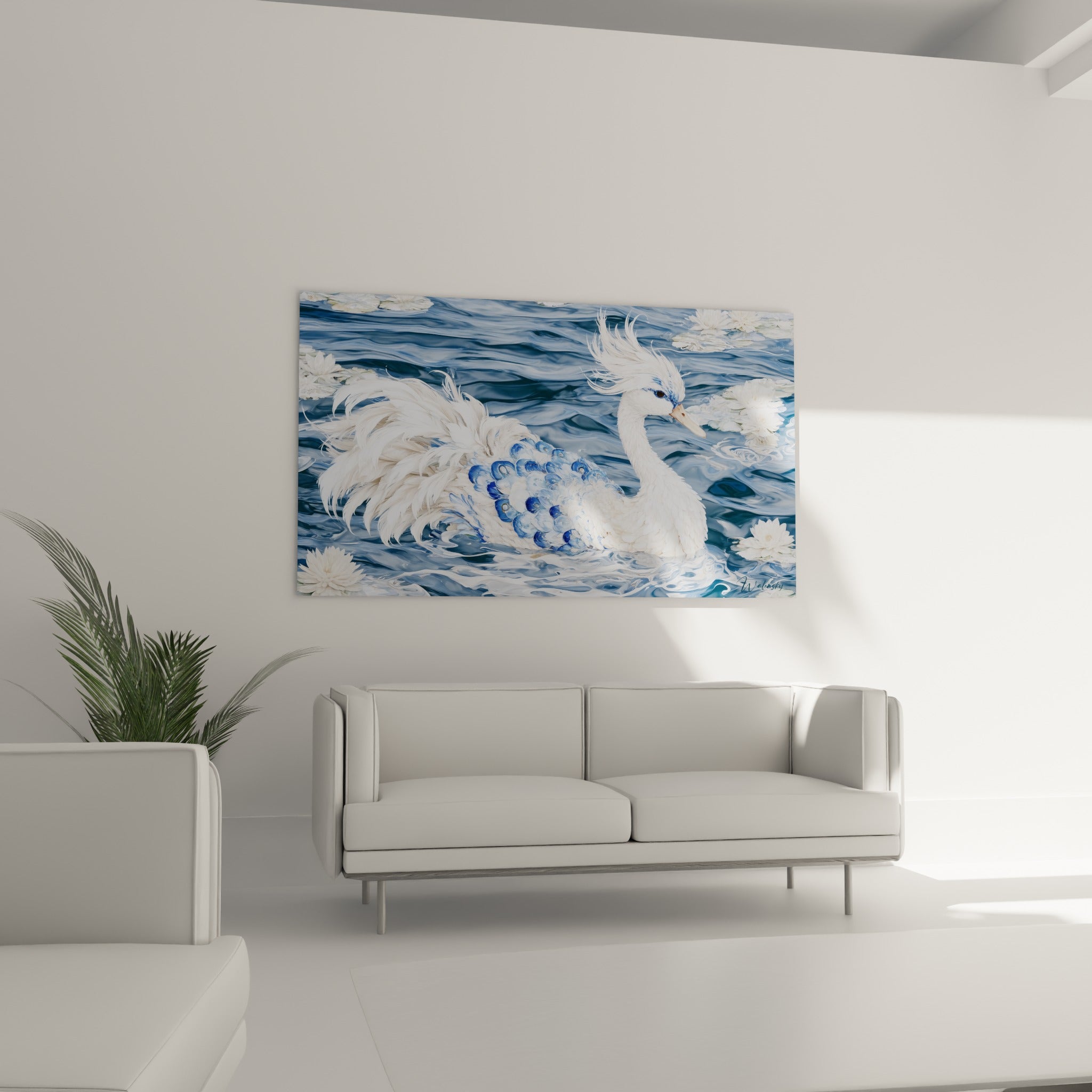 Plumage blanc et écailles bleu marine du canard au-dessus d'un canapé dans un salon lumineux