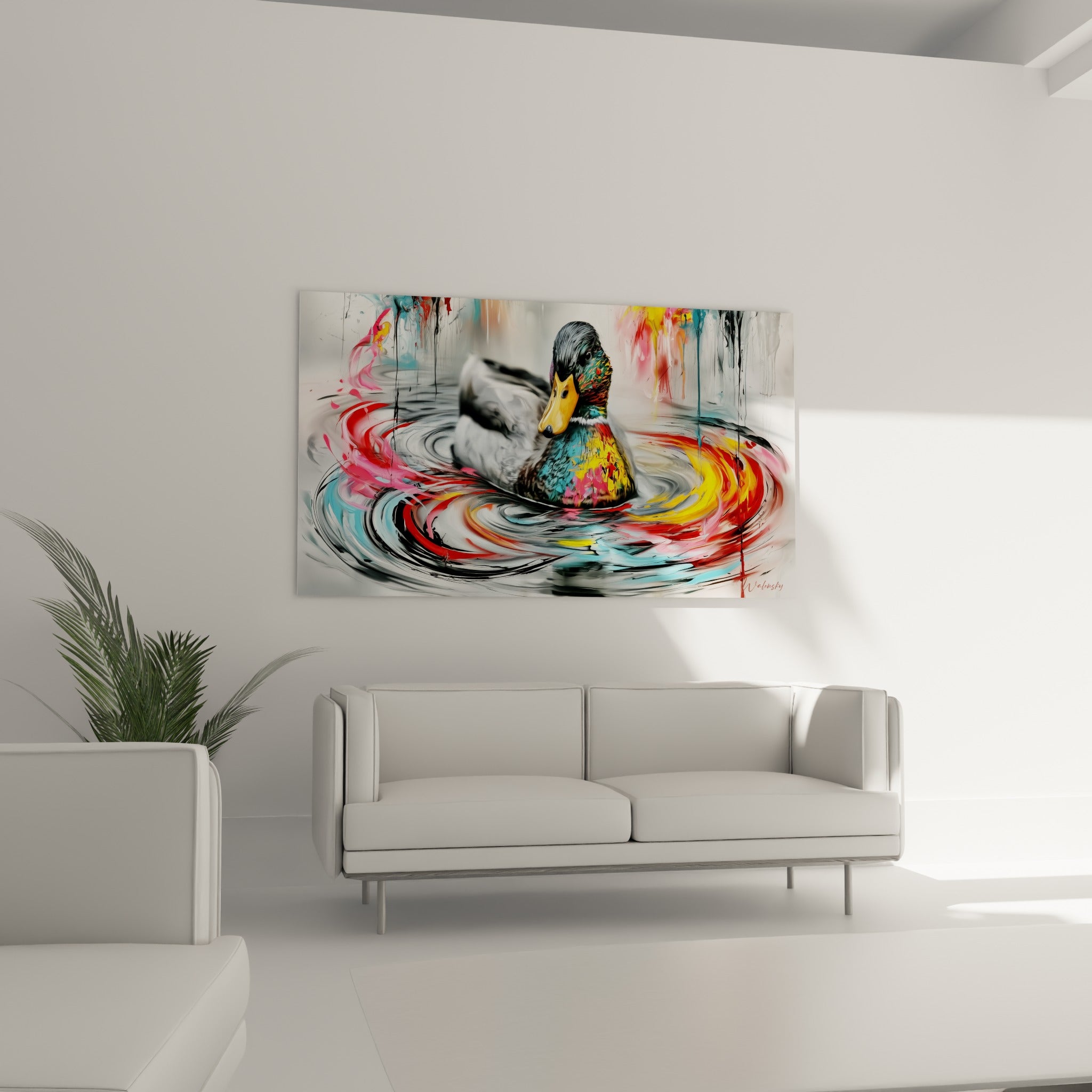 Volatile gris et coloré nageant dans des tourbillons roses et bleus, au-dessus d'un canapé dans un salon lumineux