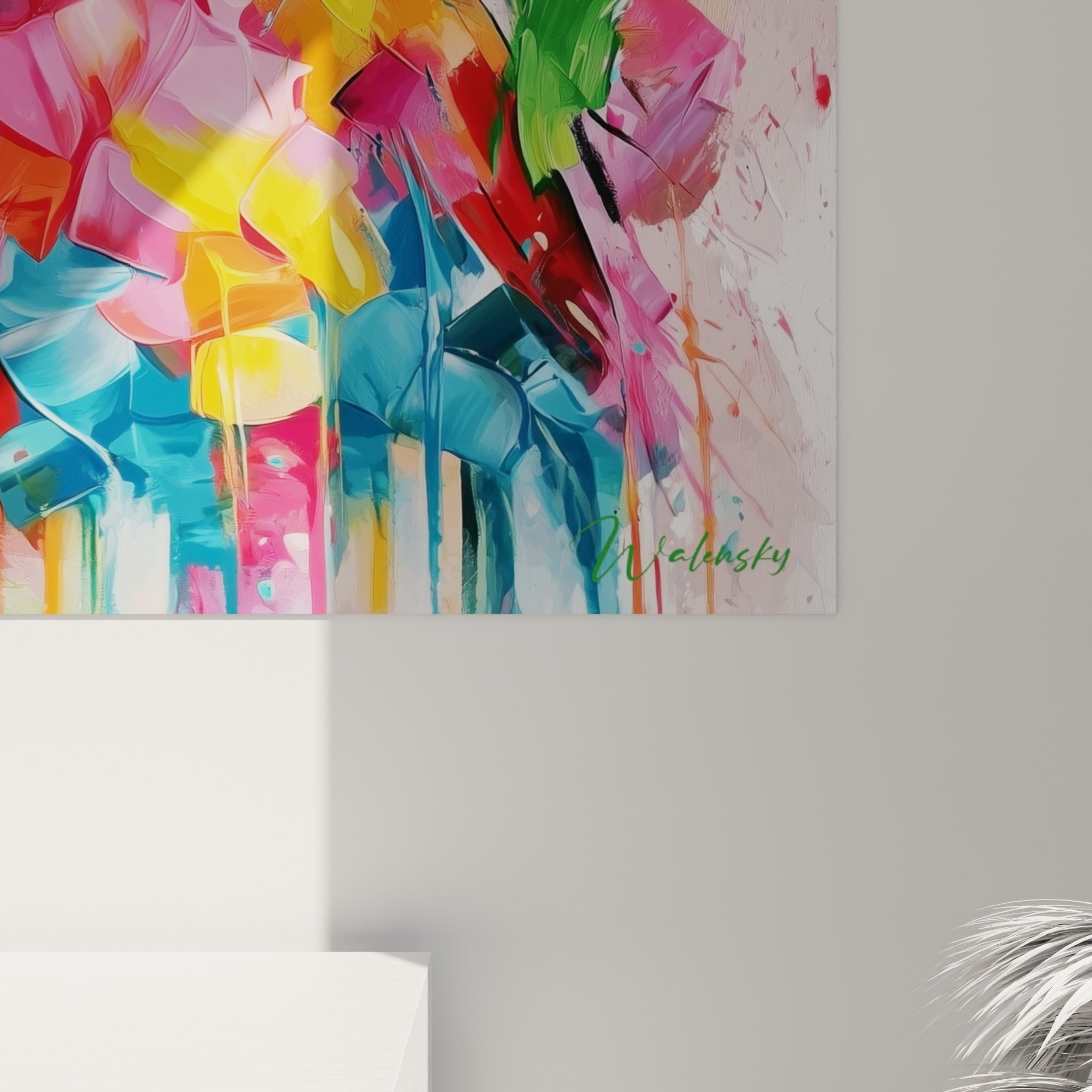 Empâtements roses et turquoise du chapeau, coulures visibles sur la toile du canard