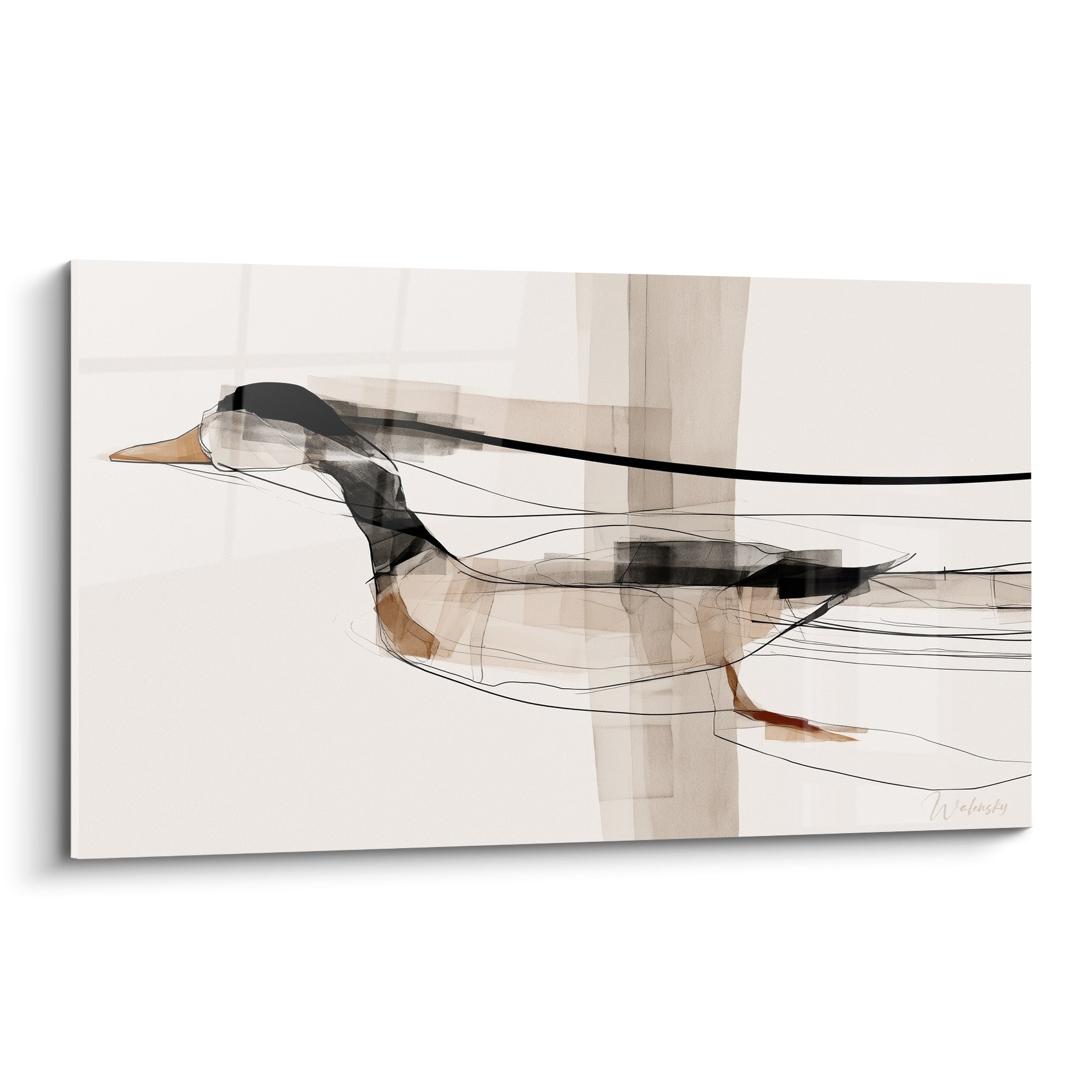 Canard esquissé en marche, traits noirs et touches rousses sur fond beige ivoire