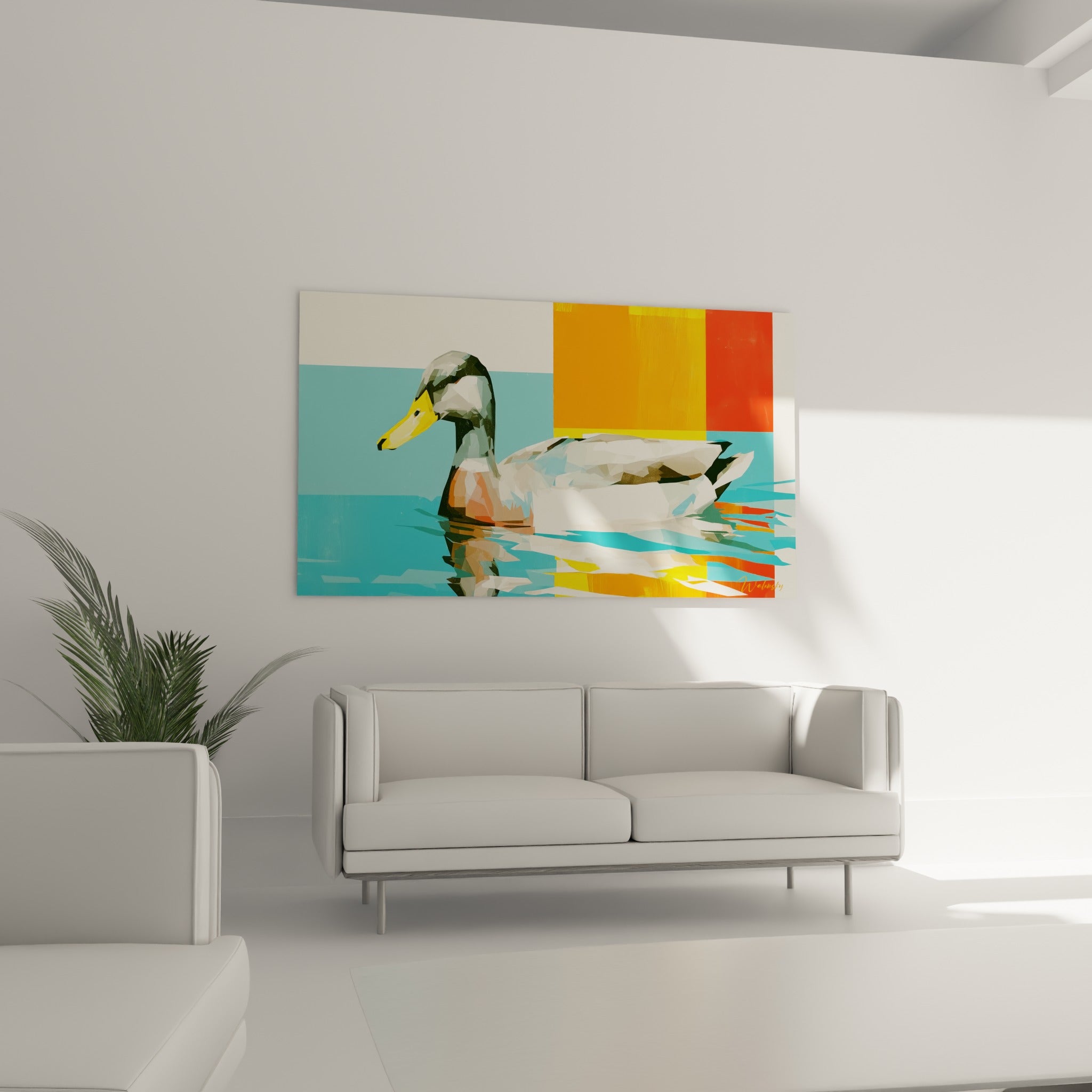 Plumage géométrique blanc et anthracite du canard, au-dessus d'un canapé dans un salon lumineux