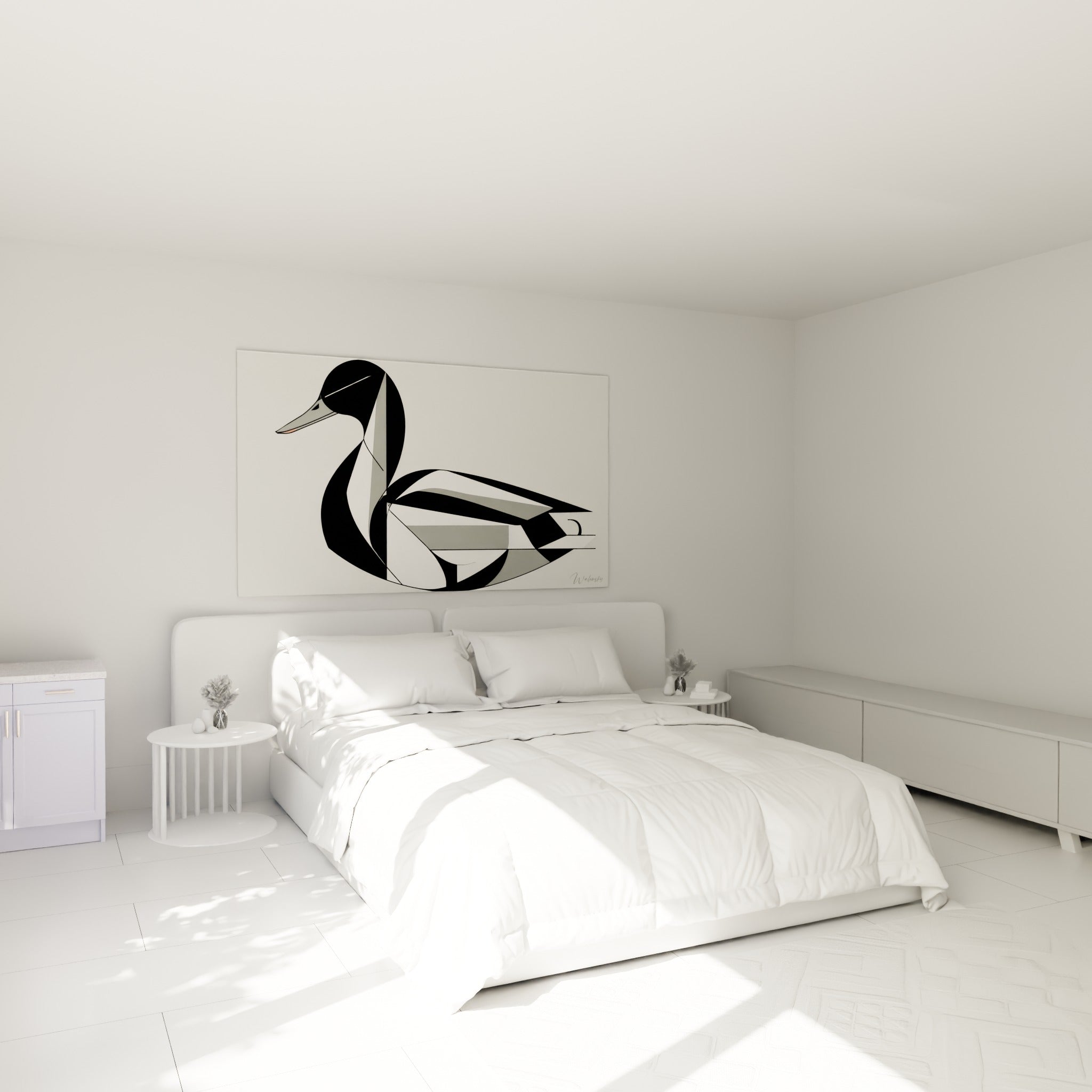 Silhouette de canard fragmentée en noir et gris accrochée au-dessus d'un lit dans une chambre claire