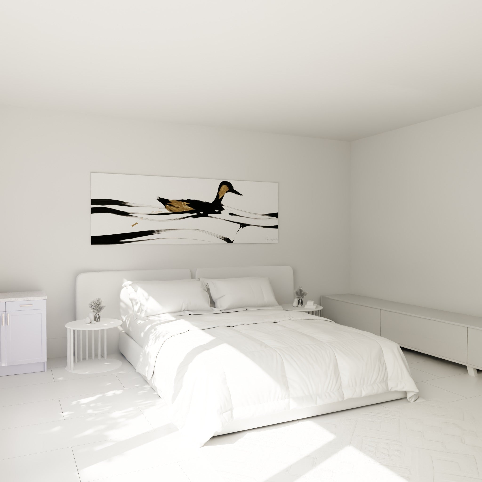 Silhouette de canard noir aux reflets dorés, au-dessus d'un lit dans une chambre claire