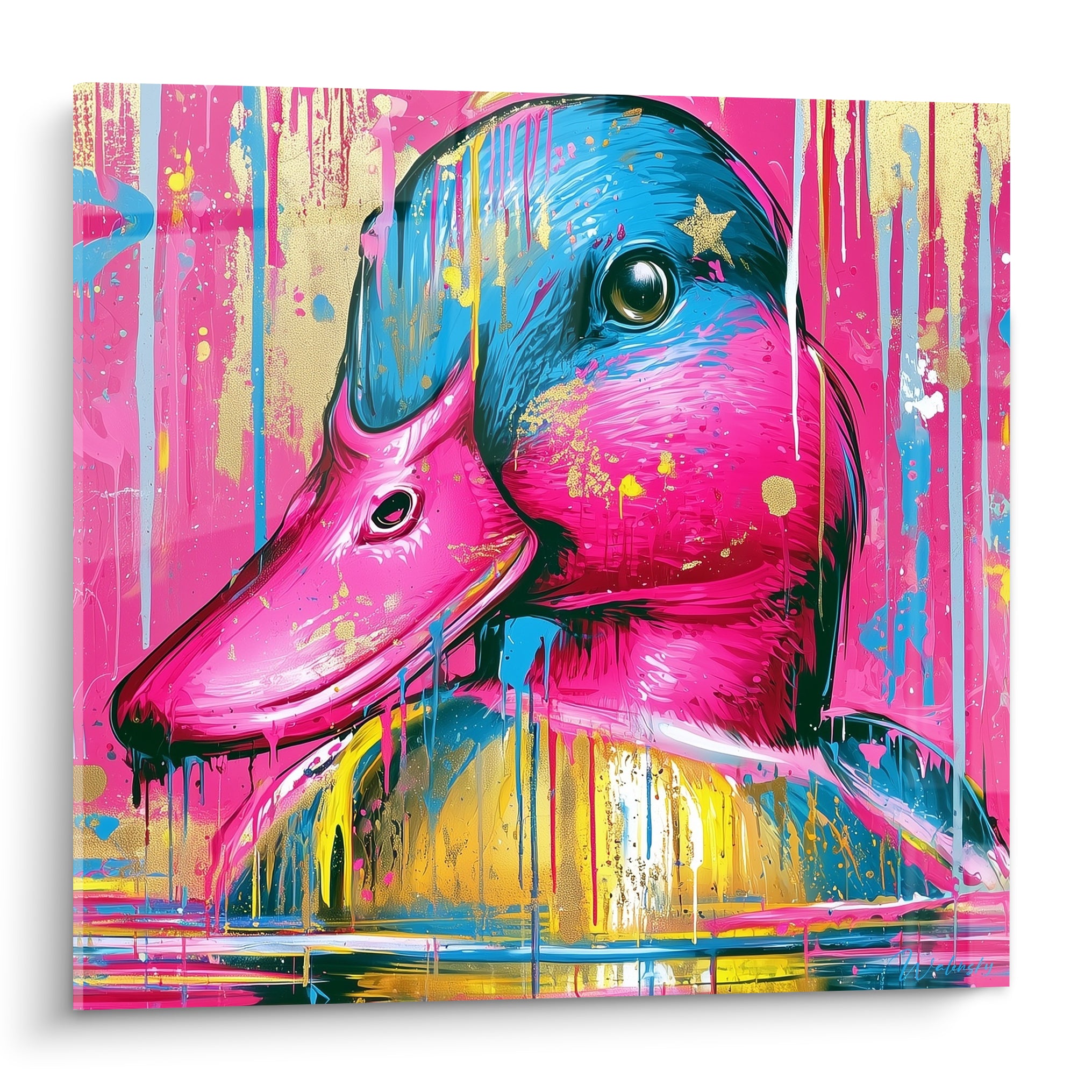 Canard au bec rose vif et crâne bleu pétrole, éclaboussures dorées et coulures colorées