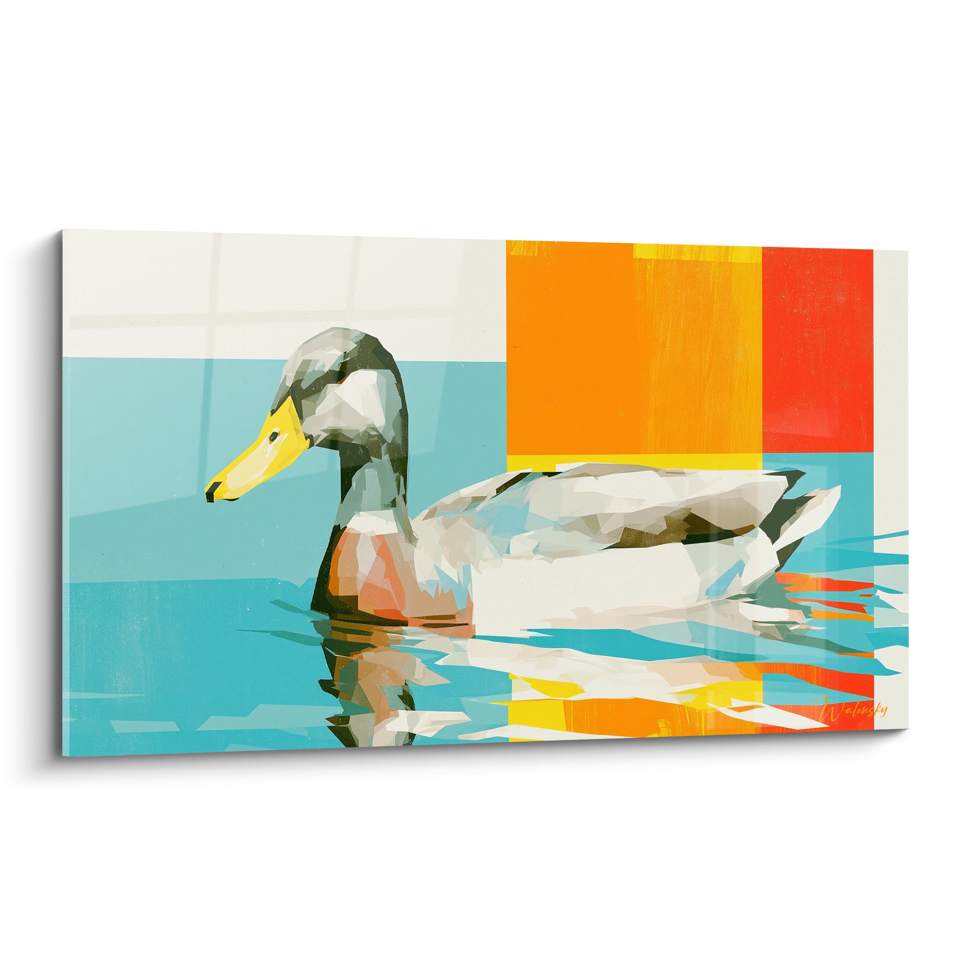 Canard blanc et gris au bec jaune, nageant sur une eau turquoise, fond orange géométrique