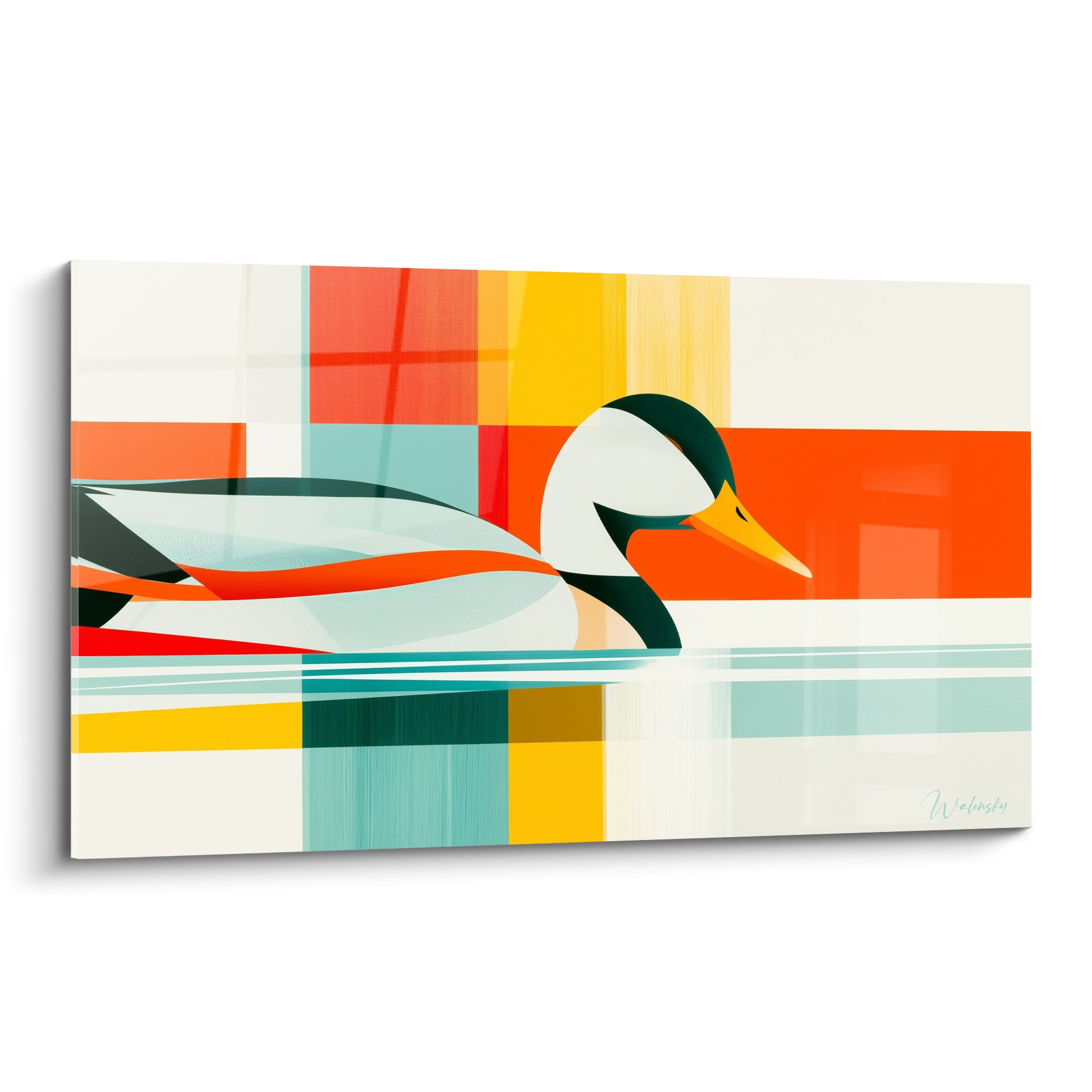 Canard blanc au bec jaune sur fond géométrique orange, turquoise et jaune moutarde