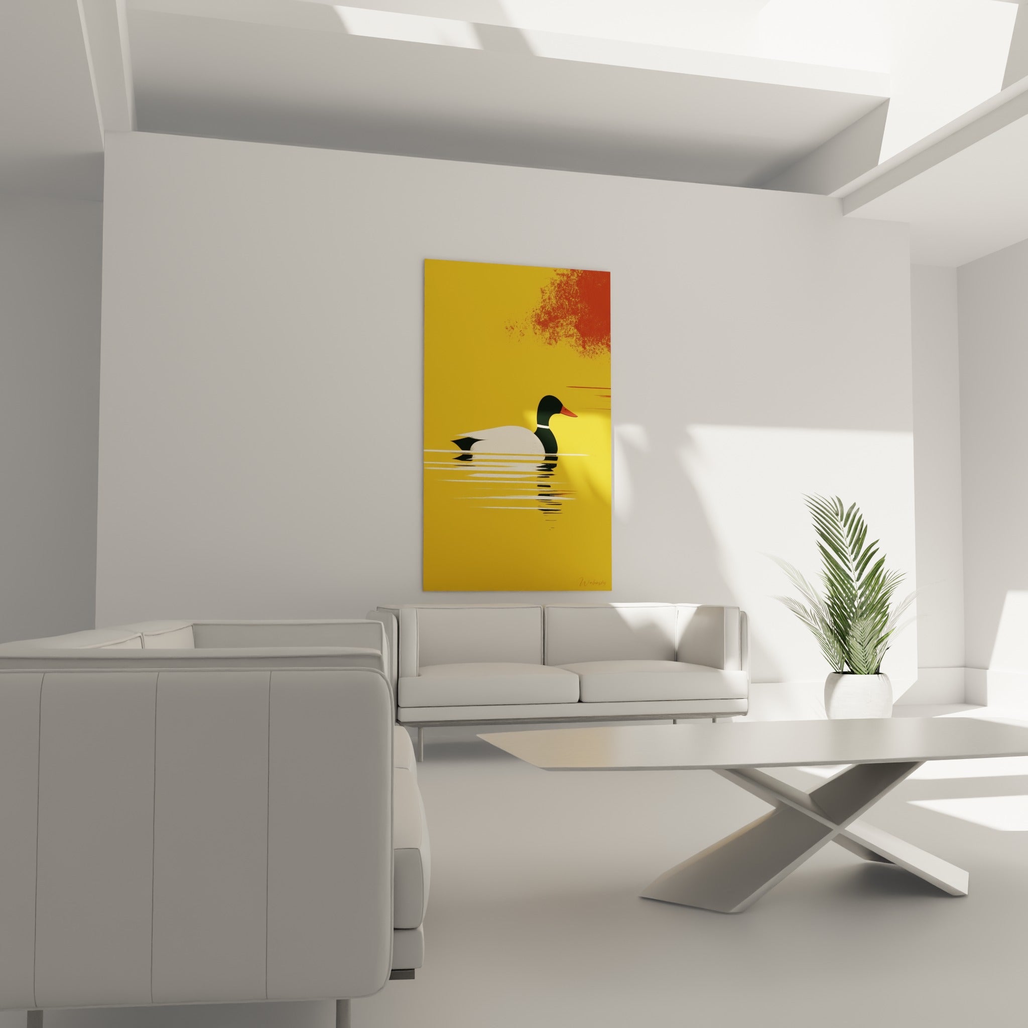 Silhouette de canard blanc sur fond doré et terracotta, suspendue au-dessus d'un canapé dans un salon lumineux