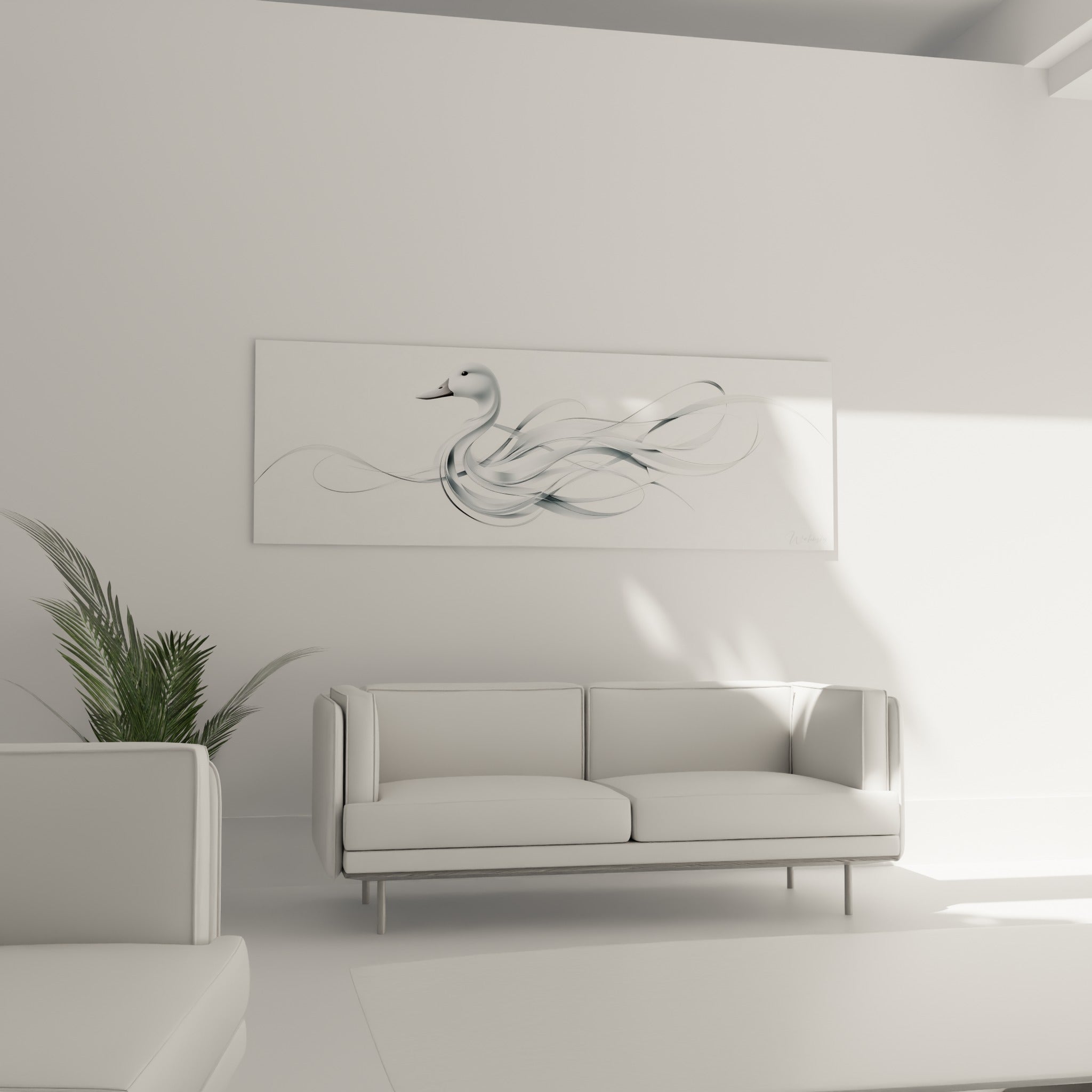 Canard blanc stylisé aux rubans gris anthracite, au-dessus d'un canapé dans un salon lumineux