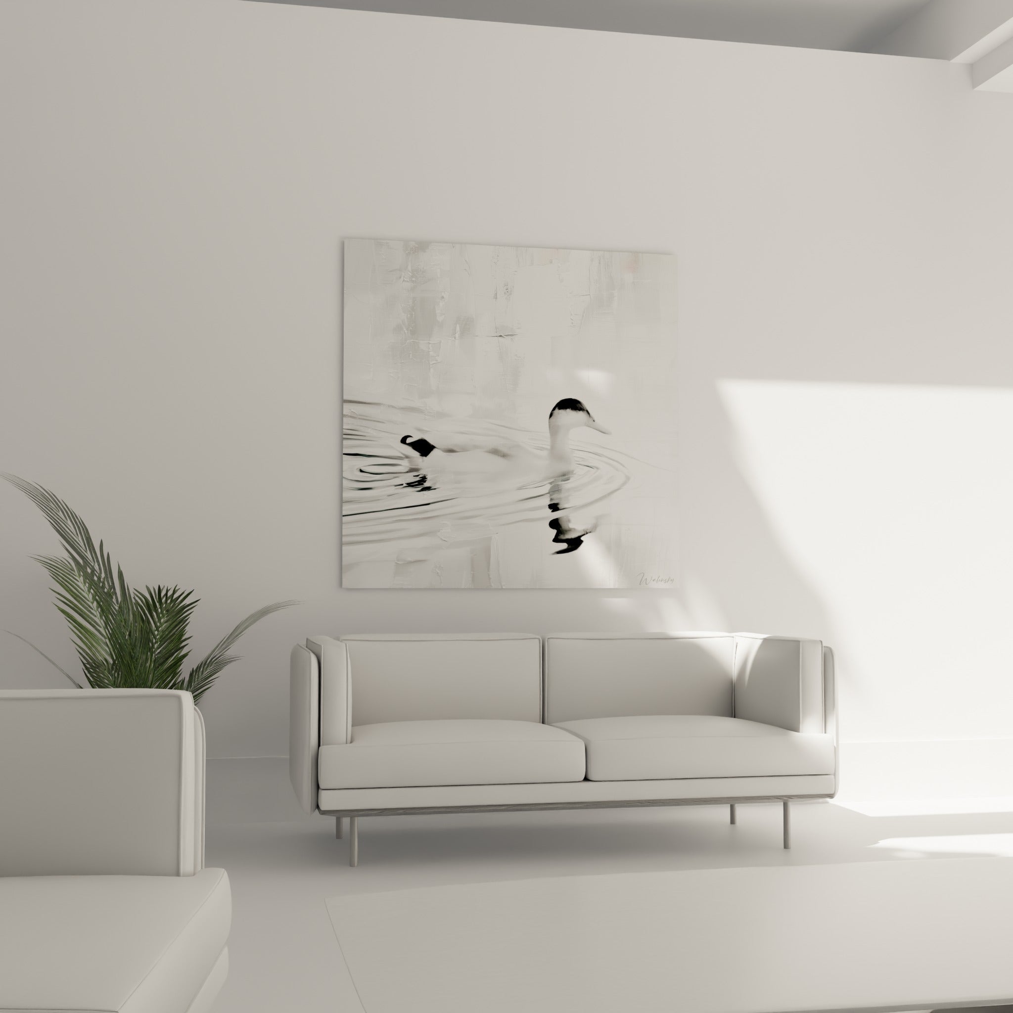 Oiseau aquatique blanc et noir en pleine nage, au-dessus d'un canapé dans un salon lumineux