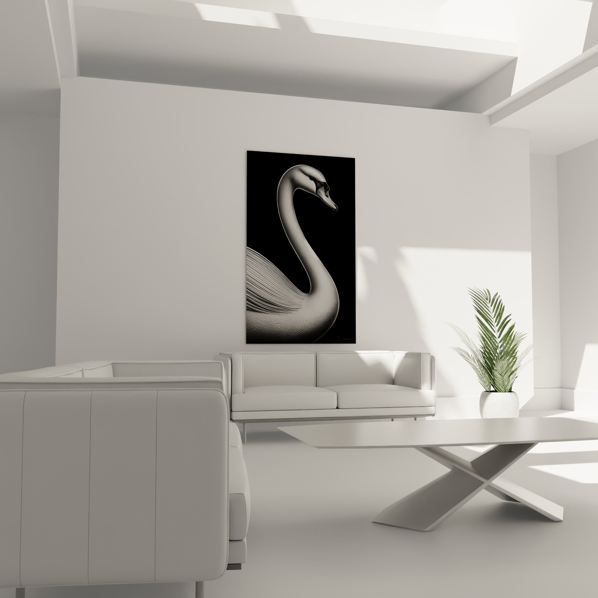 Silhouette élégante en gris et noir d'un cygne suspendue au-dessus d'un canapé dans un salon lumineux