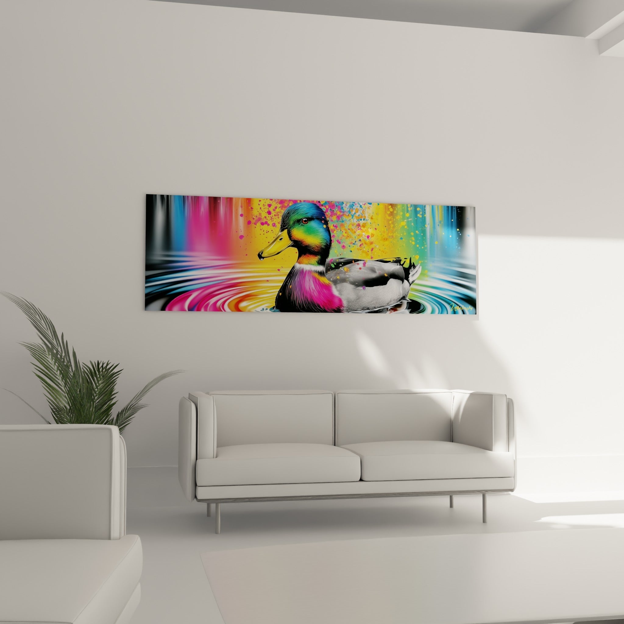 Mallard gris et turquoise sur eau ondulée, positionné au-dessus d'un canapé dans un salon lumineux