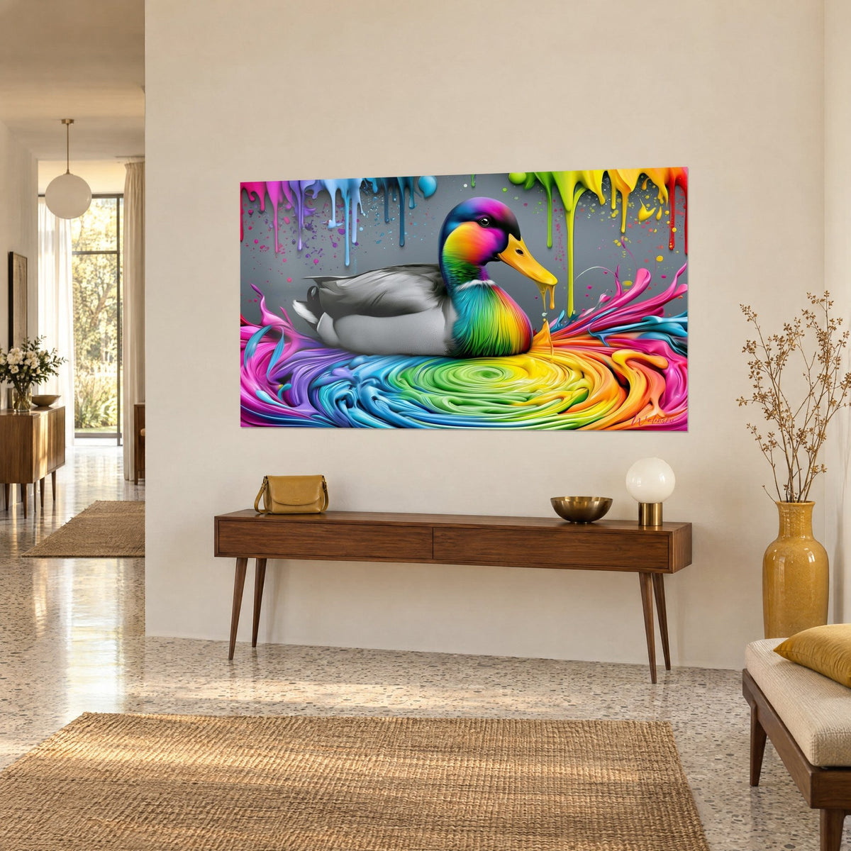 Tableau canard aux reflets multicolores flottant sur un tourbillon de peinture rose et verte, coulures bleues, console en bois et vase jaune