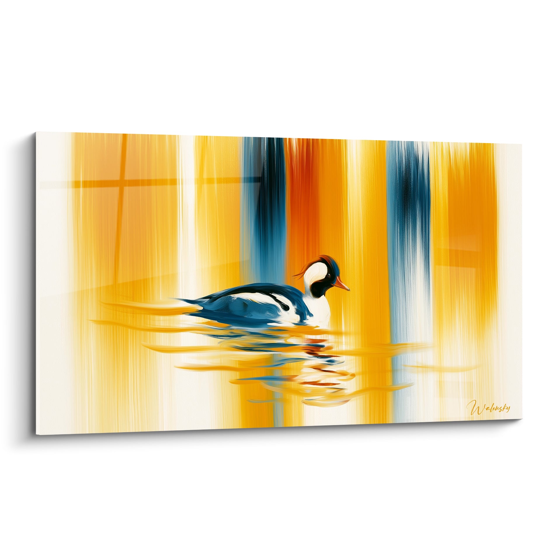 Canard huppé bleu marine et blanc nageant sur fond doré et bleu pétrole strié