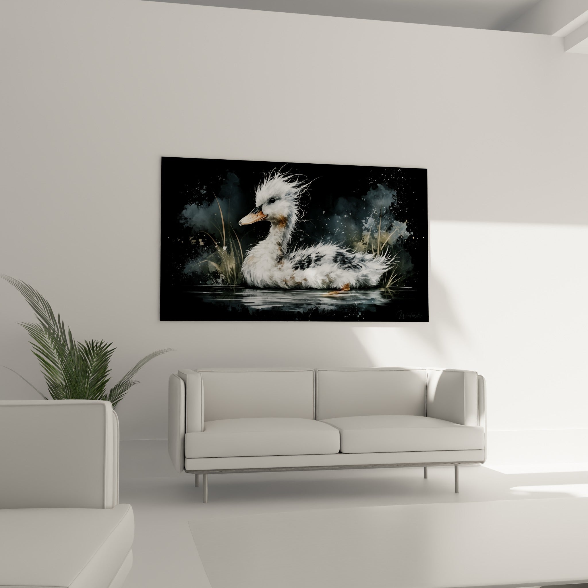 Plumage ébouriffé du canard huppé blanc et gris posé au-dessus d'un canapé dans un salon lumineux