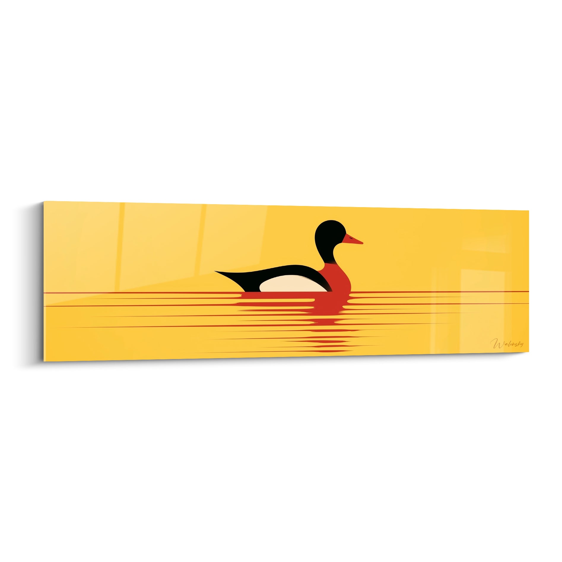 Canard noir et rouge flottant sur une eau jaune, silhouette graphique et reflet symétrique.
