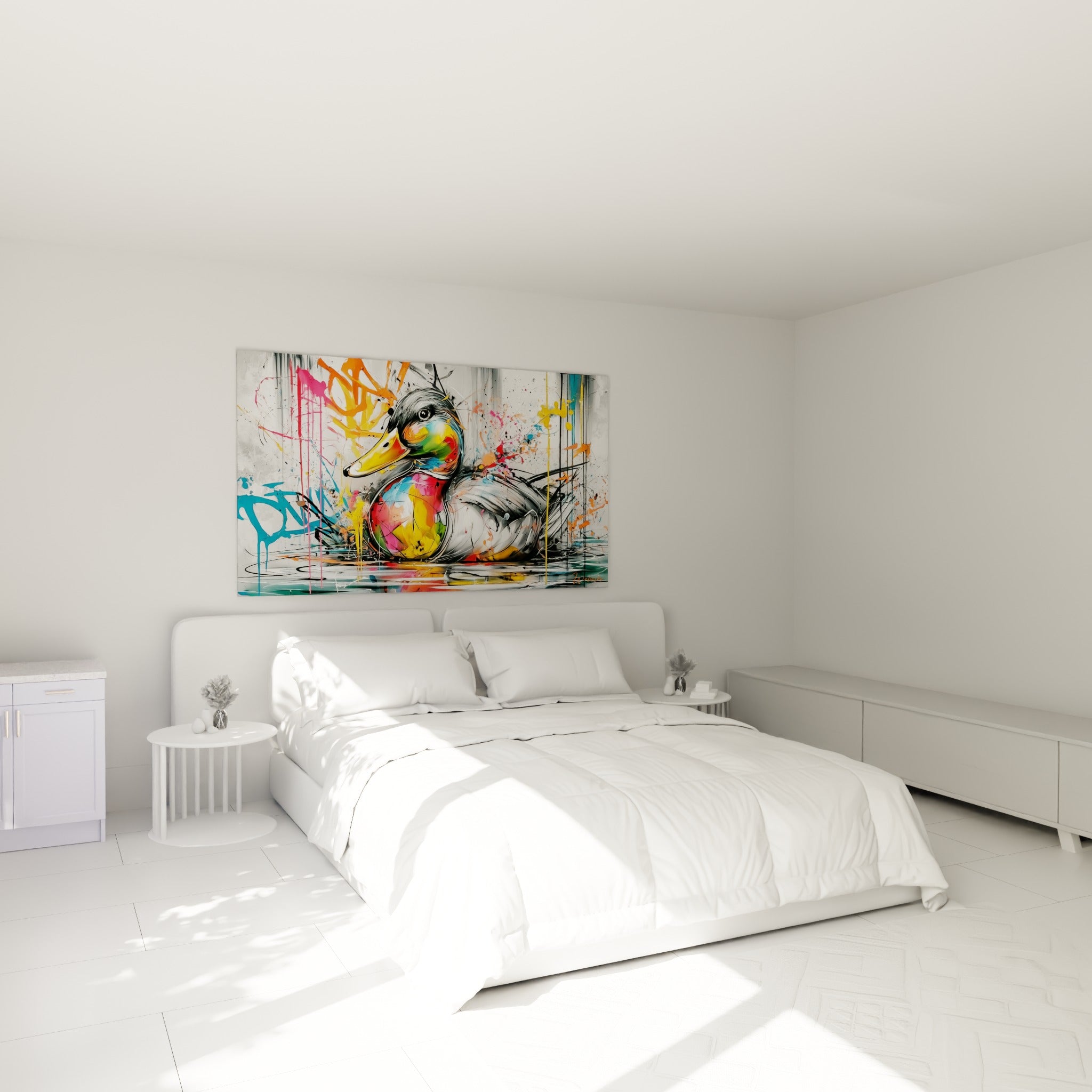 Canard multicolore aux teintes jaune et bleu turquoise, accroché au-dessus d'un lit dans une chambre claire
