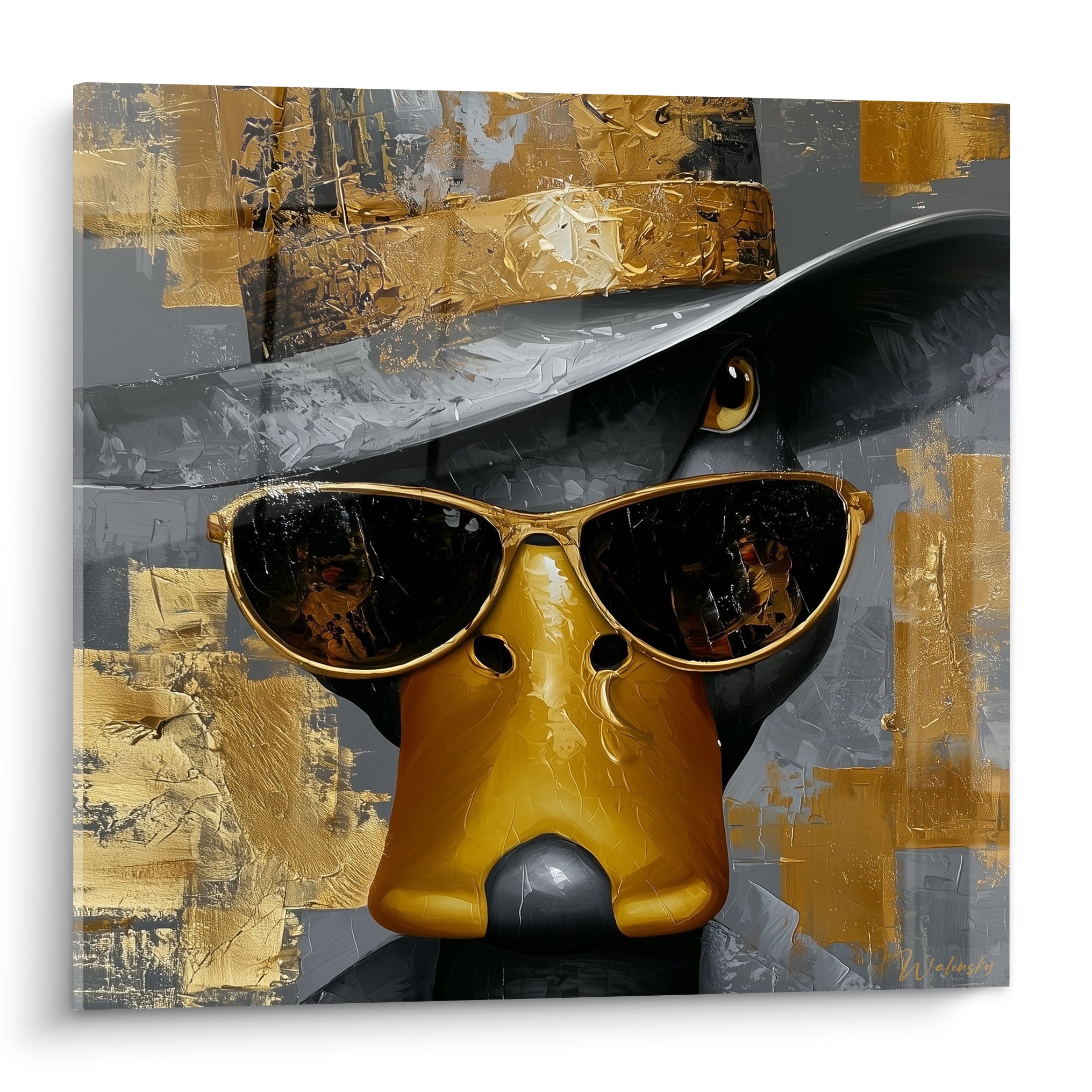 Canard au bec doré et lunettes noires, chapeau anthracite, style peinture texturée à l'huile