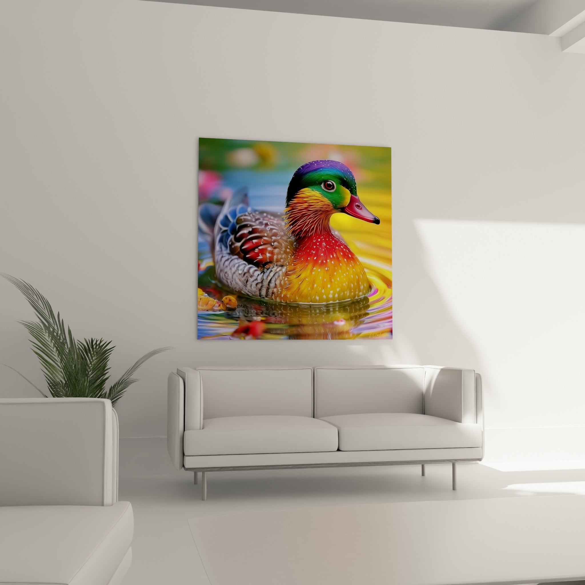 Canard mandarin au plumage rouge, doré et bleu nuit, suspendu au-dessus d'un canapé dans un salon lumineux