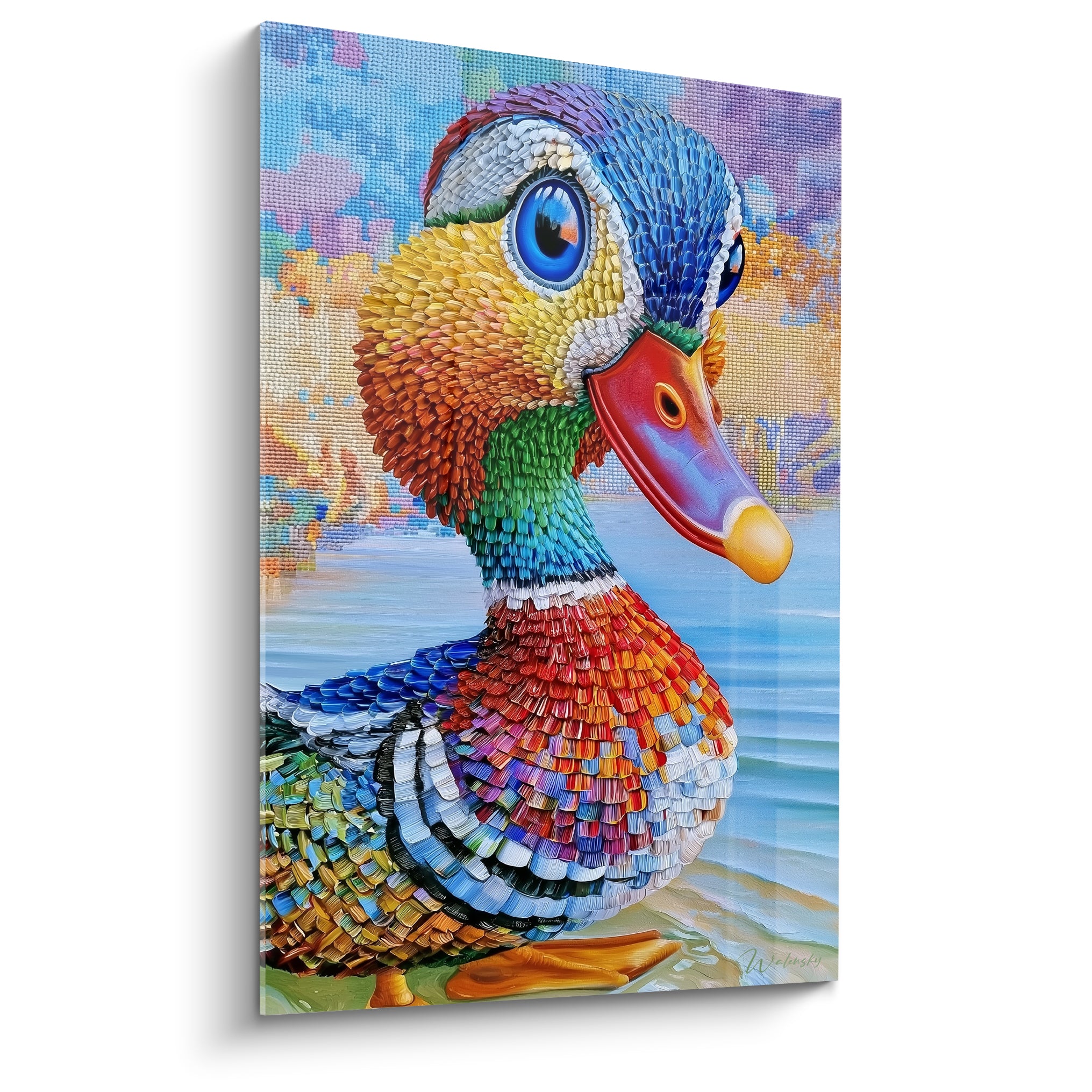 Canard mandarin bleu marine et orangé, œil perçant, plumage texturé en relief coloré