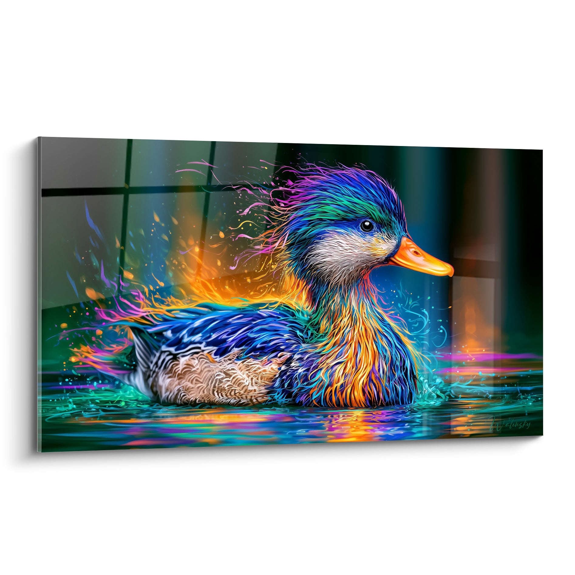 Canard mandarin bleu et orange flottant sur une eau sombre aux reflets turquoise