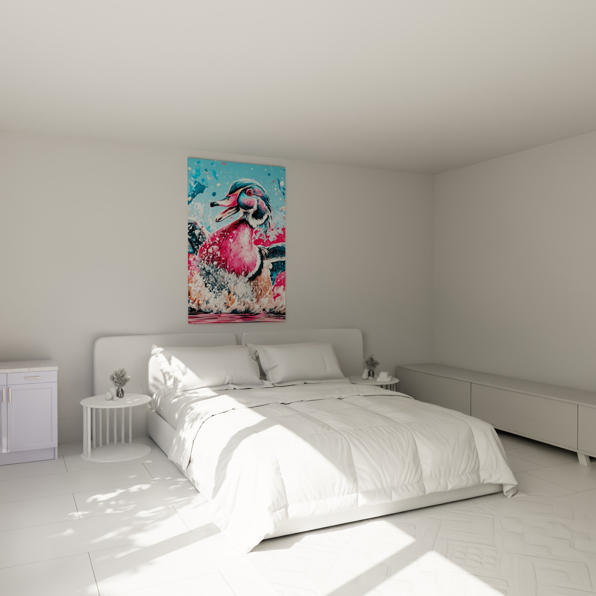 Oiseau aquatique rose fuchsia et bleu ciel accroché au-dessus d'un lit dans une chambre claire