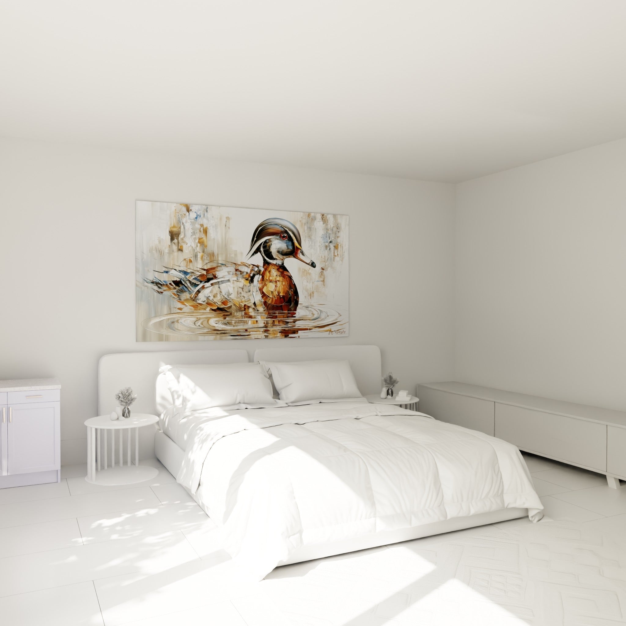 Canard mandarin cuivré et gris perle représenté au-dessus d'un lit dans une chambre claire