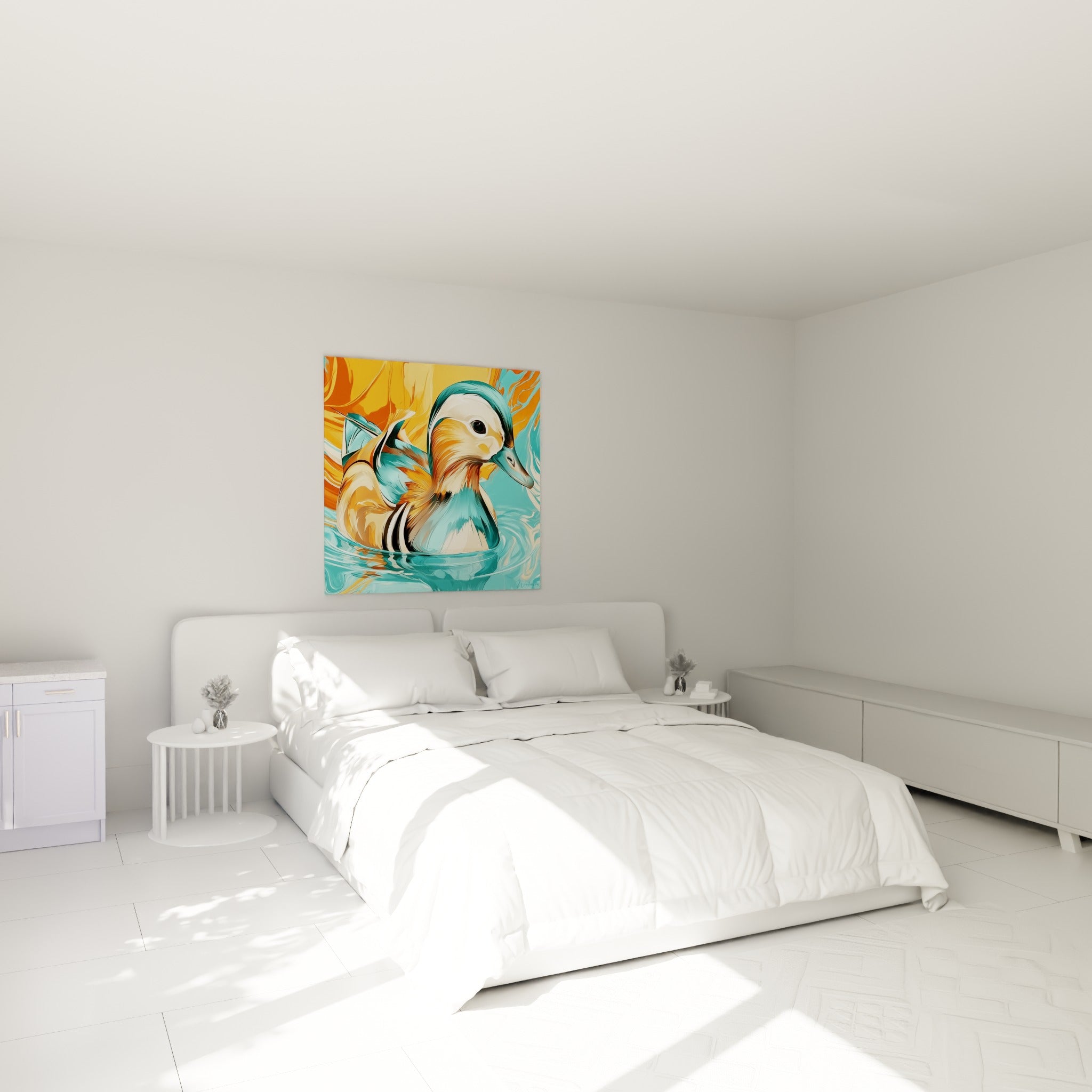 Volatile aux teintes orange et turquoise flottant sur l'eau, au-dessus d'un lit dans une chambre claire