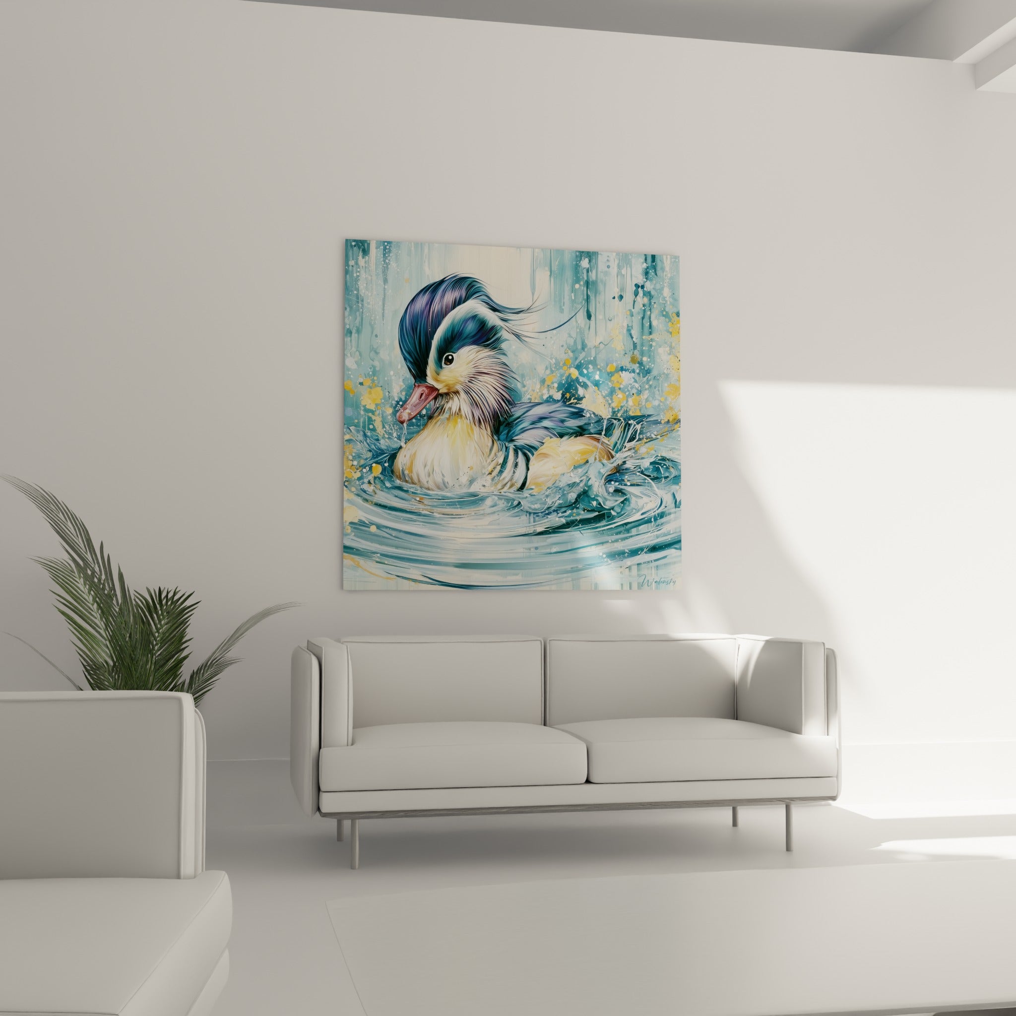 Canard mandarin doré et bleu turquoise glissant sur l'eau au-dessus d'un canapé dans un salon lumineux