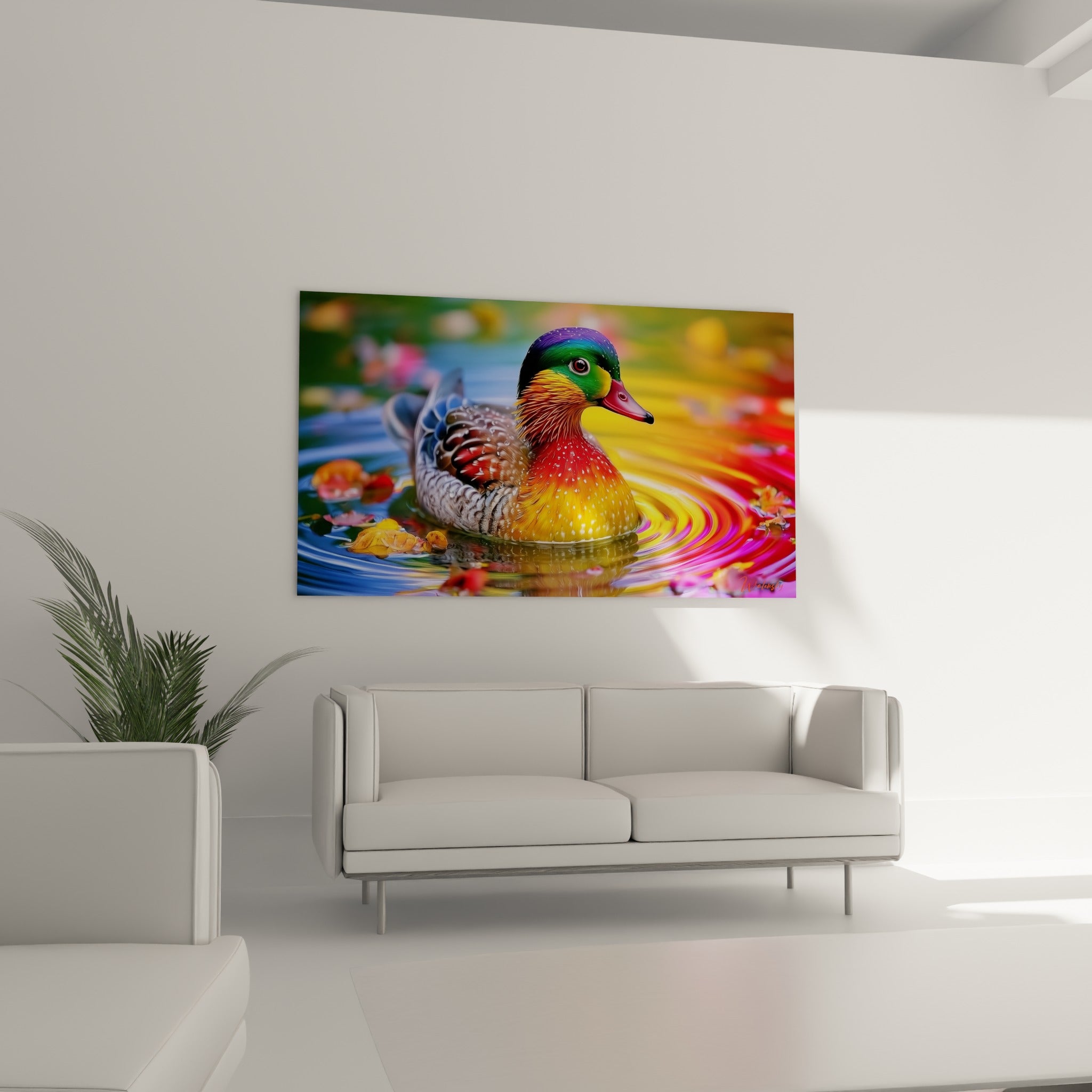 Silhouette rouge et dorée du canard mandarin accrochée au-dessus d'un canapé dans un salon lumineux