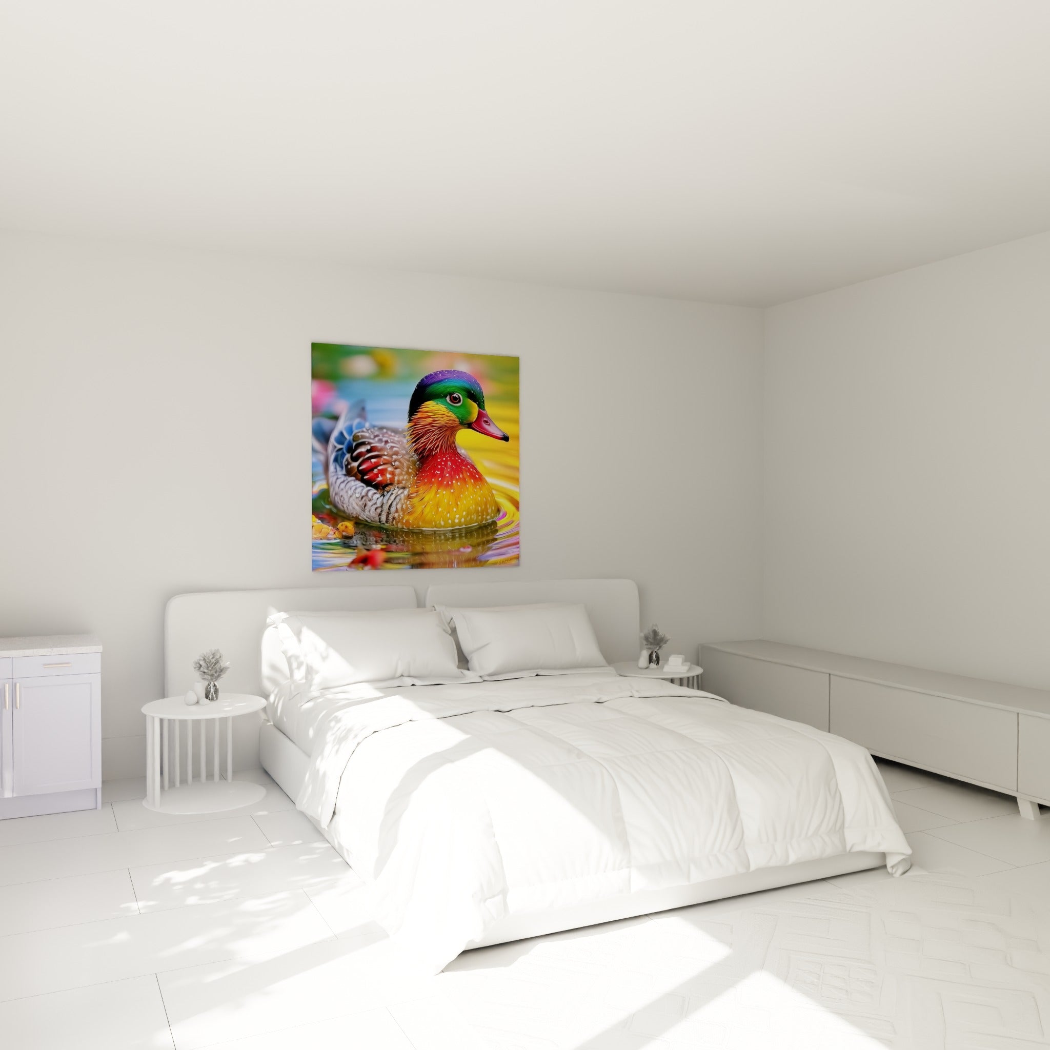 Canard mandarin coloré aux teintes rouge et dorées, accroché au-dessus d'un lit dans une chambre claire