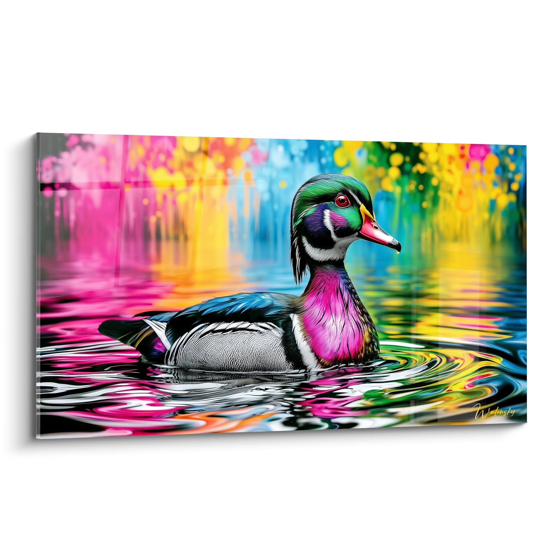 Canard mandarin au plumage vert et rose fuchsia flottant sur une eau aux reflets dorés