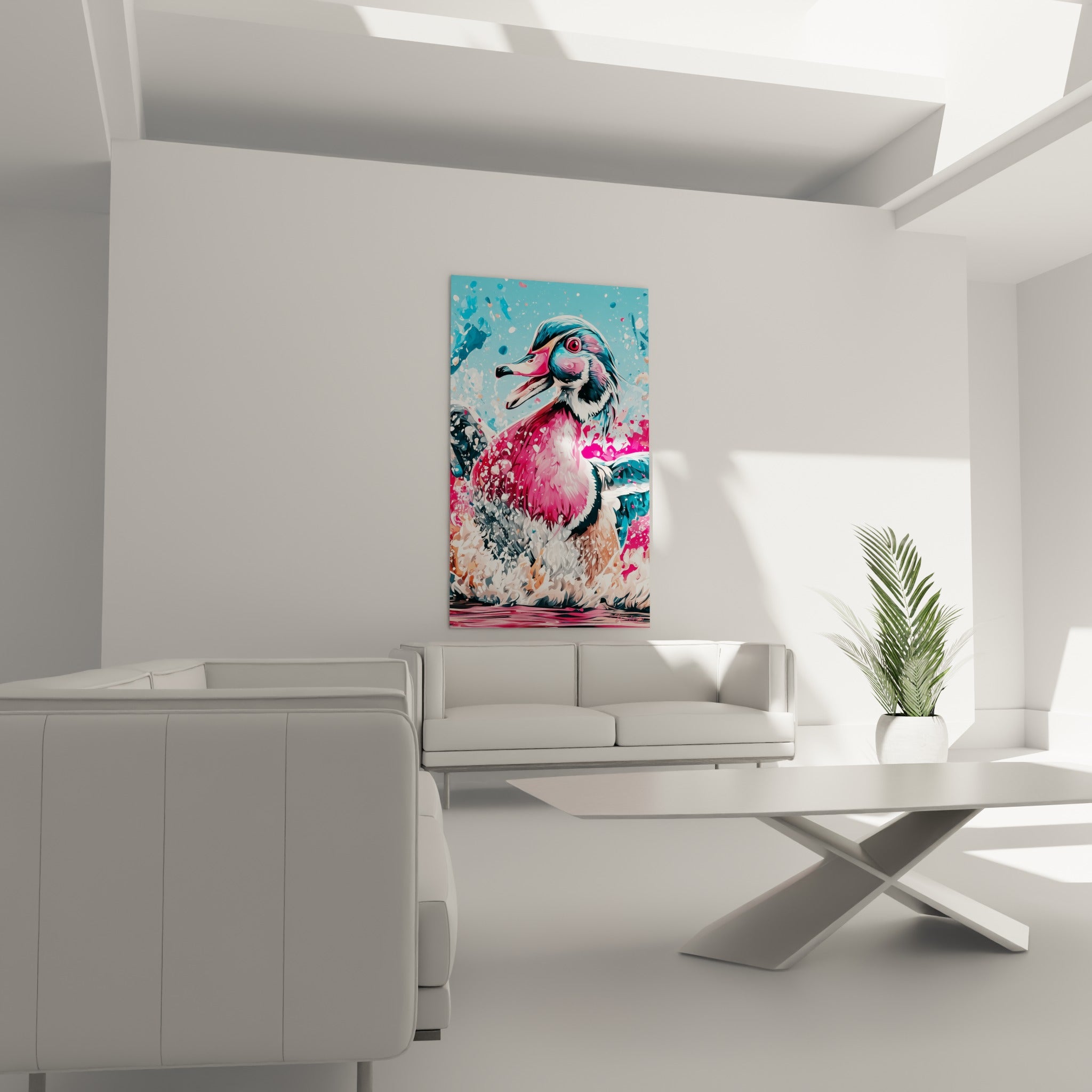 Volatile éclaboussé aux teintes roses et turquoise placé au-dessus d'un canapé dans un salon lumineux