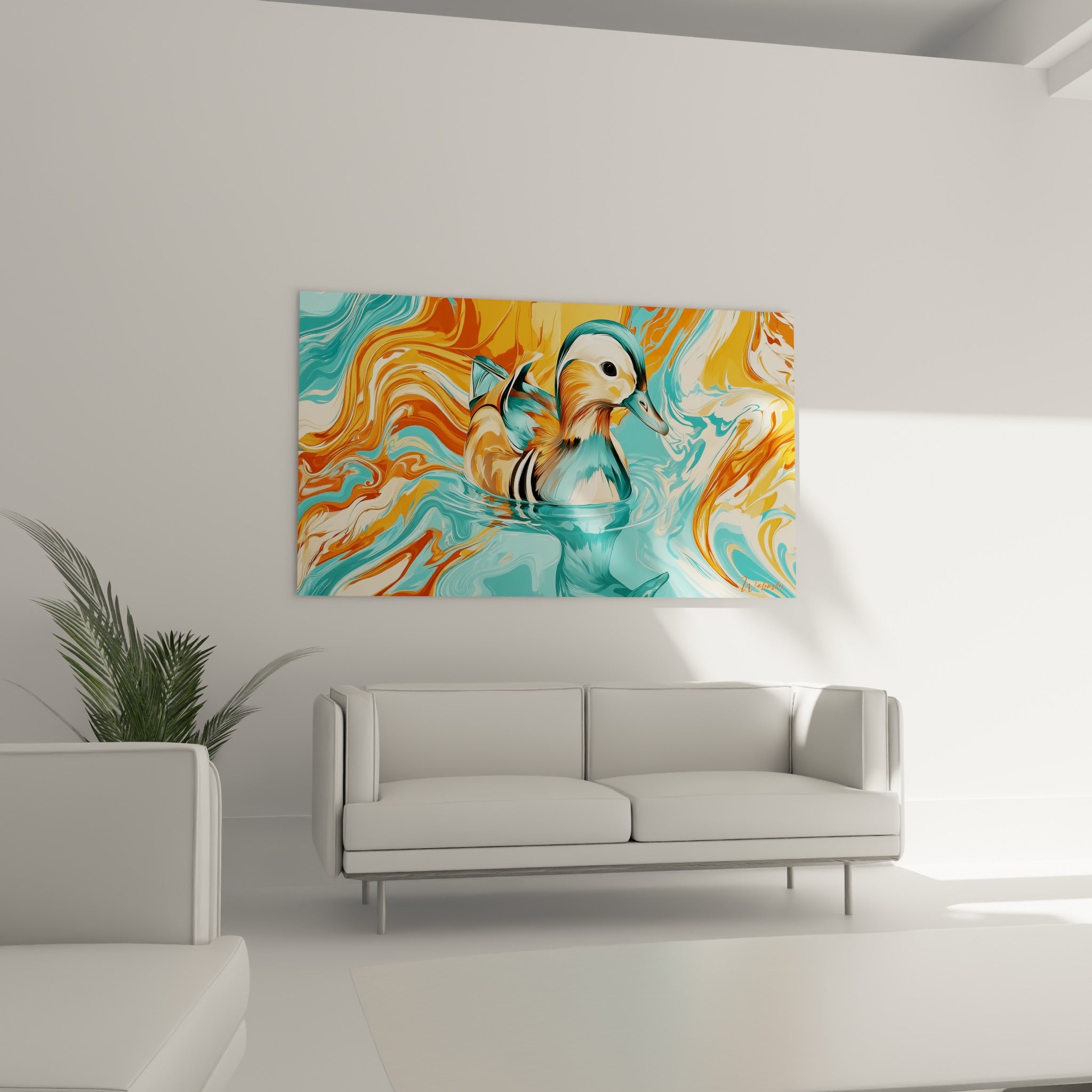 Canard mandarin orange et bleu pastel disposé au-dessus d'un canapé dans un salon lumineux