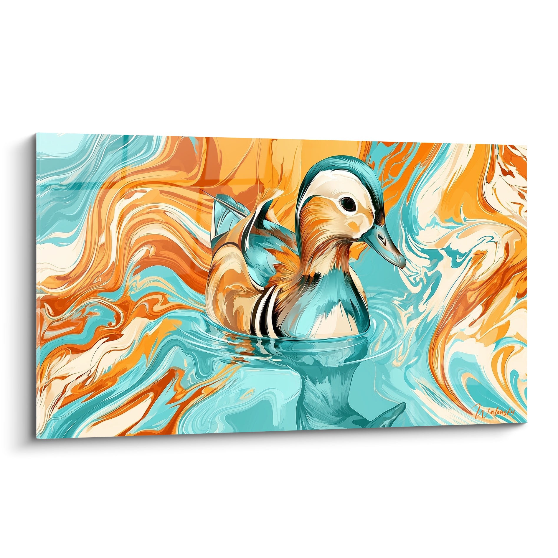 Canard mandarin turquoise et orange nageant dans un tourbillon marbré aux tons crème