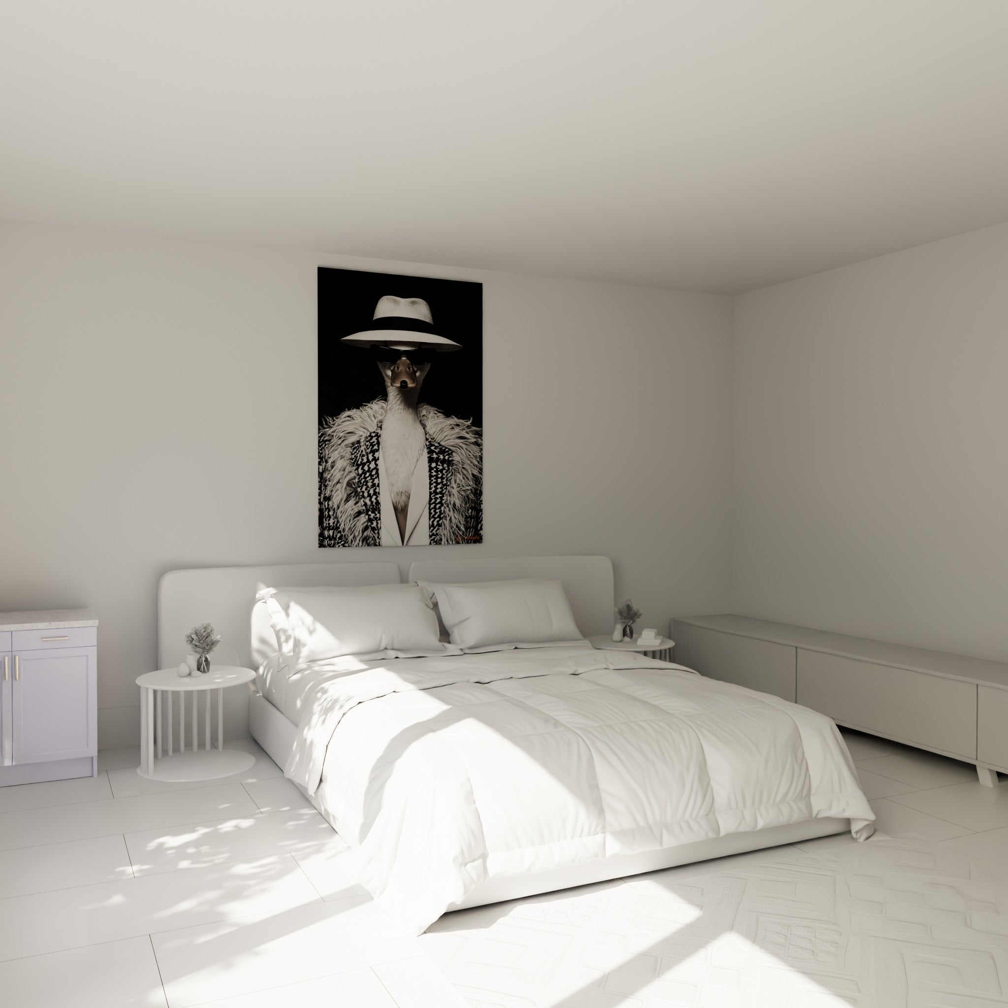 Canard élégant au chapeau blanc accroché au-dessus d'un lit dans une chambre claire