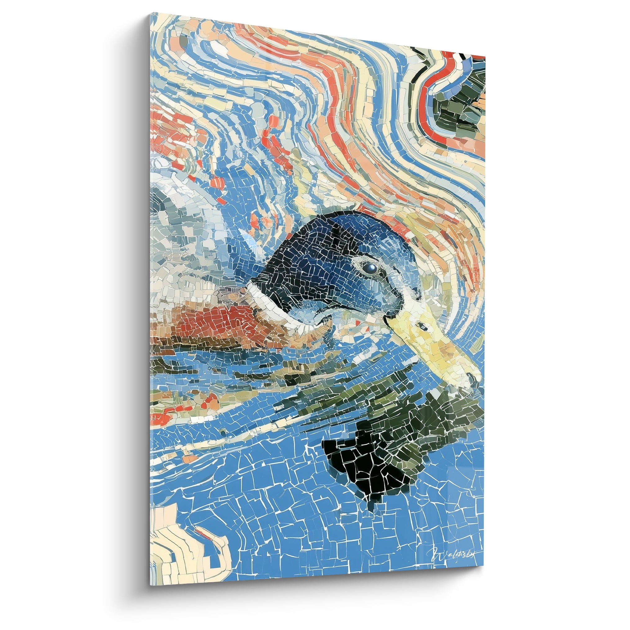 Canard bleu marine et terracotta nageant sur une eau mosaïque tourbillonnante colorée