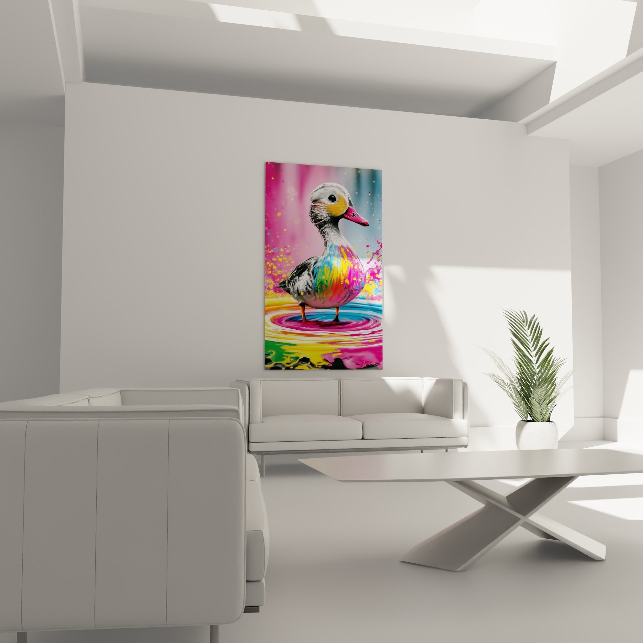 Volatile blanc et orange strié de coulées bleues et roses, au-dessus d'un canapé dans un salon lumineux.