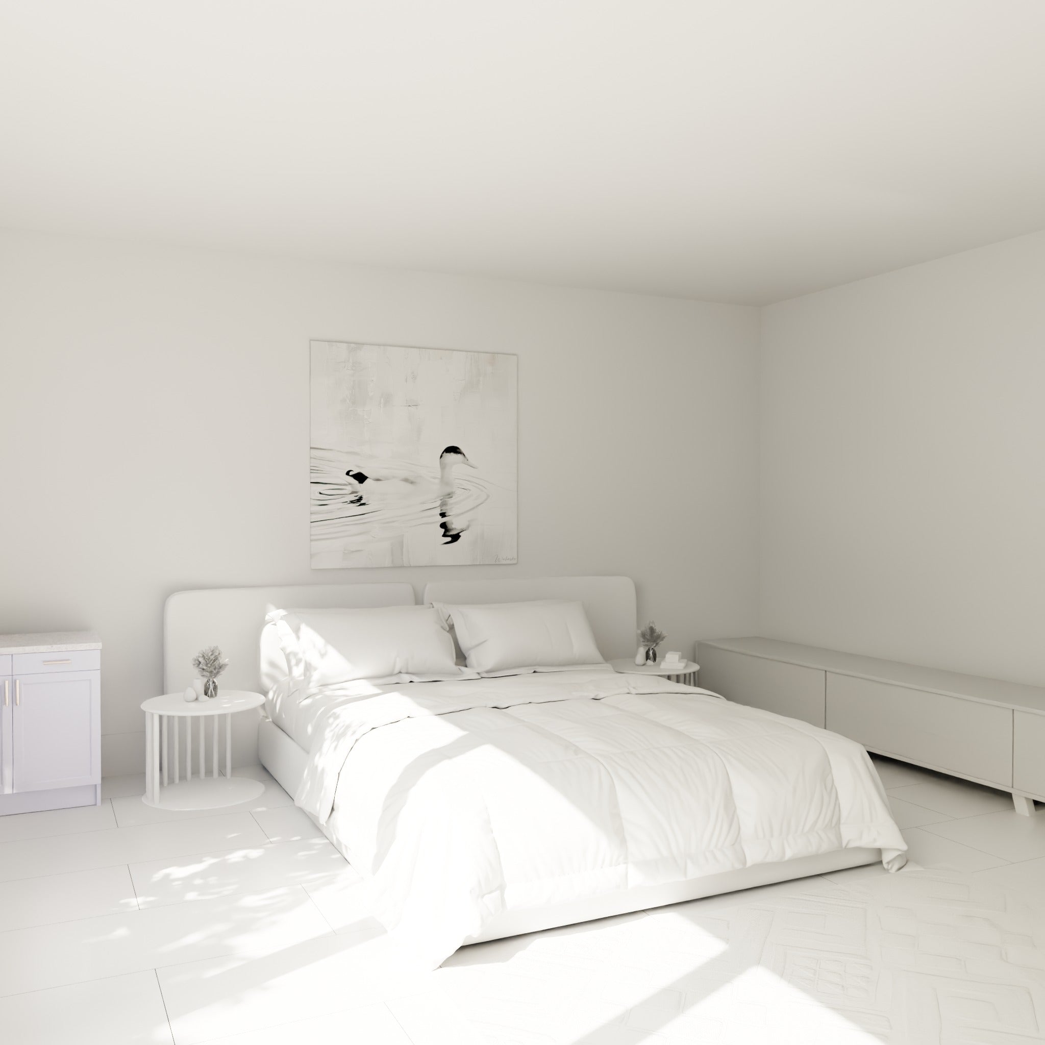 Canard glissant sur onde grise et blanche, au-dessus d'un lit dans une chambre claire