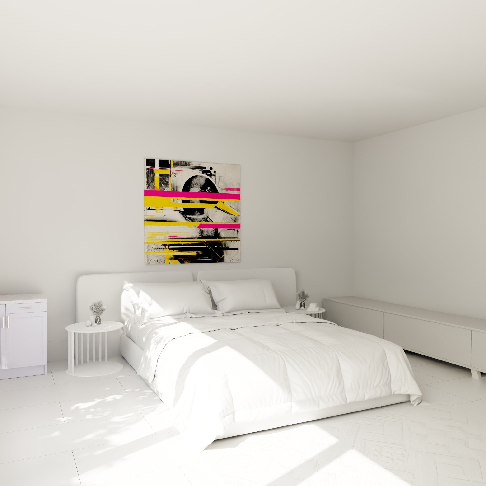 Canard graphique aux bandes roses et jaunes, accroché au-dessus d'un lit dans une chambre claire