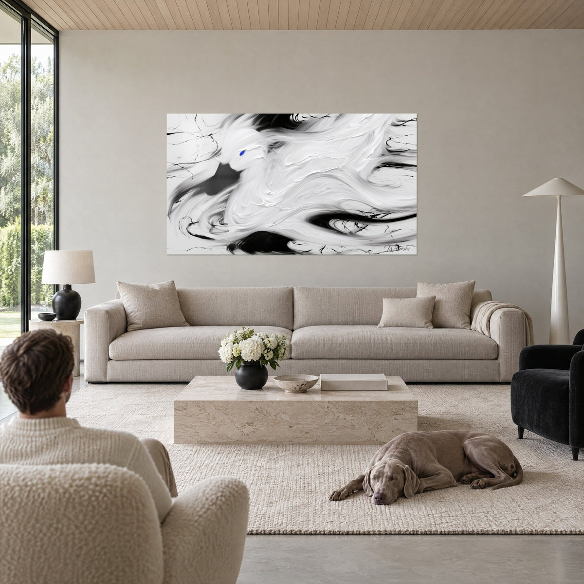 Tableau canard immaculé à l'œil bleu vif, plumage blanc en empâtements et traits noirs, au-dessus d'un canapé dans un salon lumineux